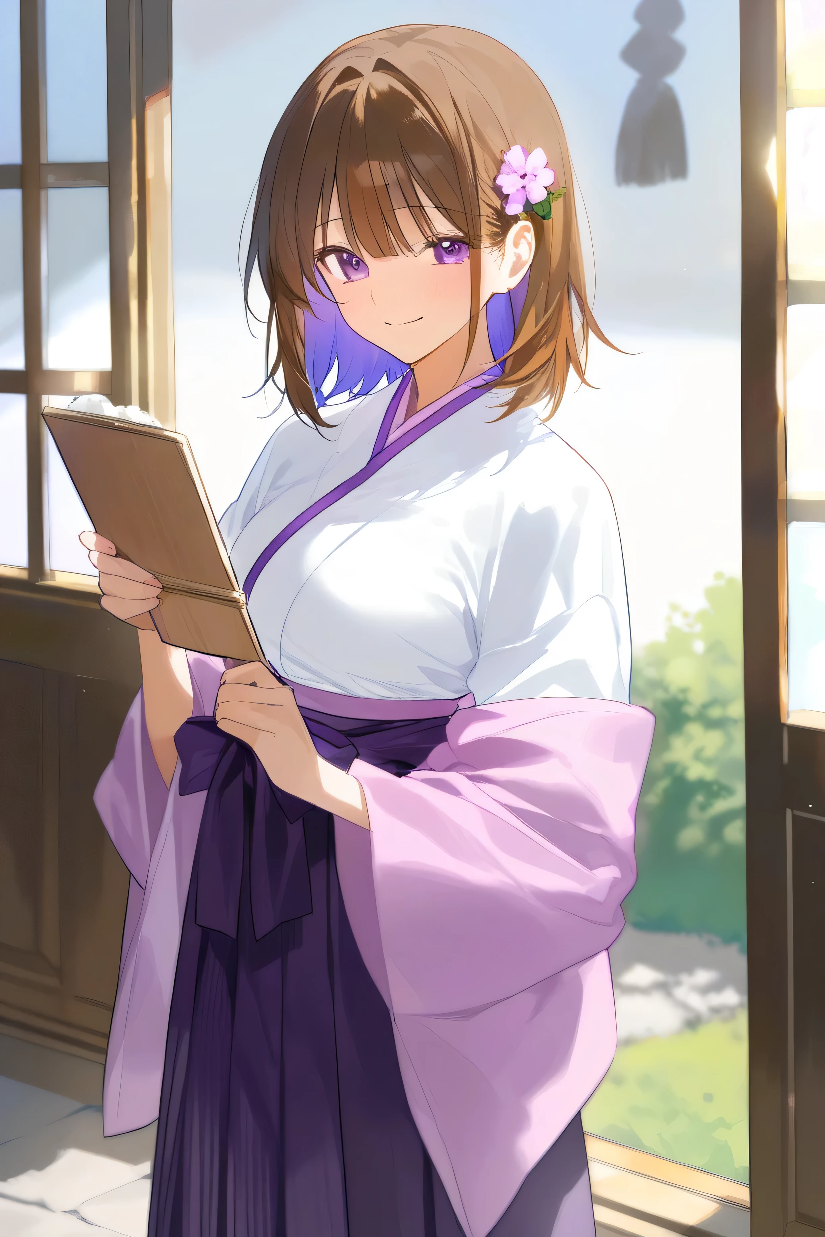 Inside the temple　Cleaning　 long brown hair with purple inner color　Hakama　Beautiful　 Flower Hair Ornament　smile