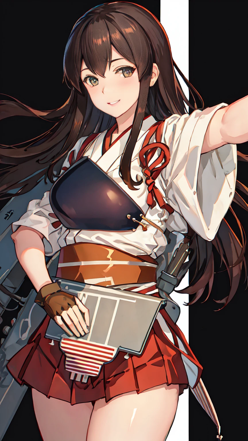 Best Quality, masutepiece, hight resolution, Solo, {akagi_Kantai Collection:1.15}, long_hair, brown_hair, brown_Eyes, muneate, tasuki, Smile, 1girl in , Japanese_Clothes, outstretched_Highly detailed arms、extremely detailed eye、extra detailed face、Insanely detailed body、Insanely detailed skin 妖艶な表情