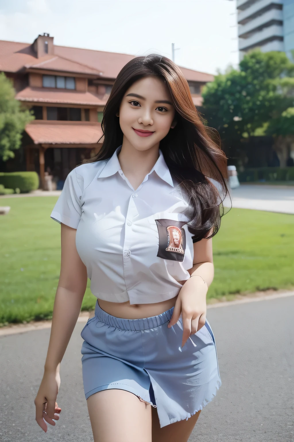 1girl, solo, 19 years old, (uniform), detailed Metropolitan city at the background, portrait, thick breasts, semi-curvy body, Sixpack abs, smooth realistic skin, cute smile, tight white shirt, grey blue short skirt, looking at the audience, high angle shot,(8k, RAW photo, best quality, masterpiece: 1.3), (realistic, realistic: 1.37), ultra-high resolution, cowboy shot