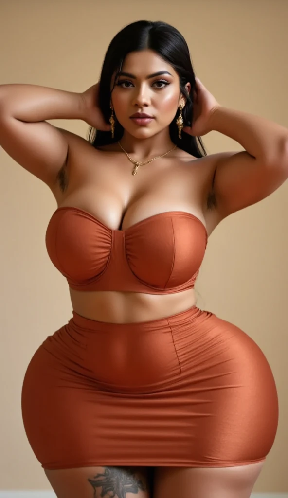 Sexy chubby voluptuous curvy woman with big breasts deep cleavage open office orange shirt collar long sleeves messy hair DDD large breast ponytail palazzo pants platform stiletto heels pole dancer tattoo between breasts super sexy realistic AI ultra sexy bitch folded ponytail clip claw