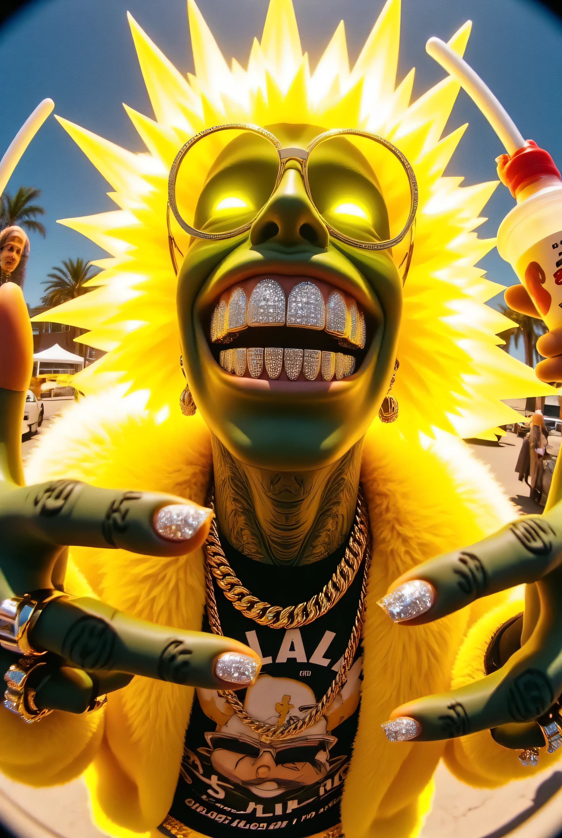 gr!llz, photograph An ultra-realistic, first-person view (FPV) of human-like character inspired by sci-fi aesthetics. The perspective shows the viewer's hands reaching forward, one hand holding an intricately detailed tropical fruit and icecream drink. The character has luminous peacock color skin, wearing a fur bubble jacket with shirt underneath with bold text that says "Talijuano",   bold gold chain.The character enveloped in intense, neon yellow energy. Their face is obscured by the overwhelming glow, emphasizing the sheer power they are unleashing. The background is a sunnyday.
. The lighting is realistic and cinematic, emphasizing the glowing accents, reflective surfaces of the drink, and the characters' detailed features. smiling into the camera, fish eye lens realistic photograph with a wide smile, its teeth are encrusted with shiny platinum diamonds. diamonds dance and twinkle in the light, enthusiastic laugh, 
