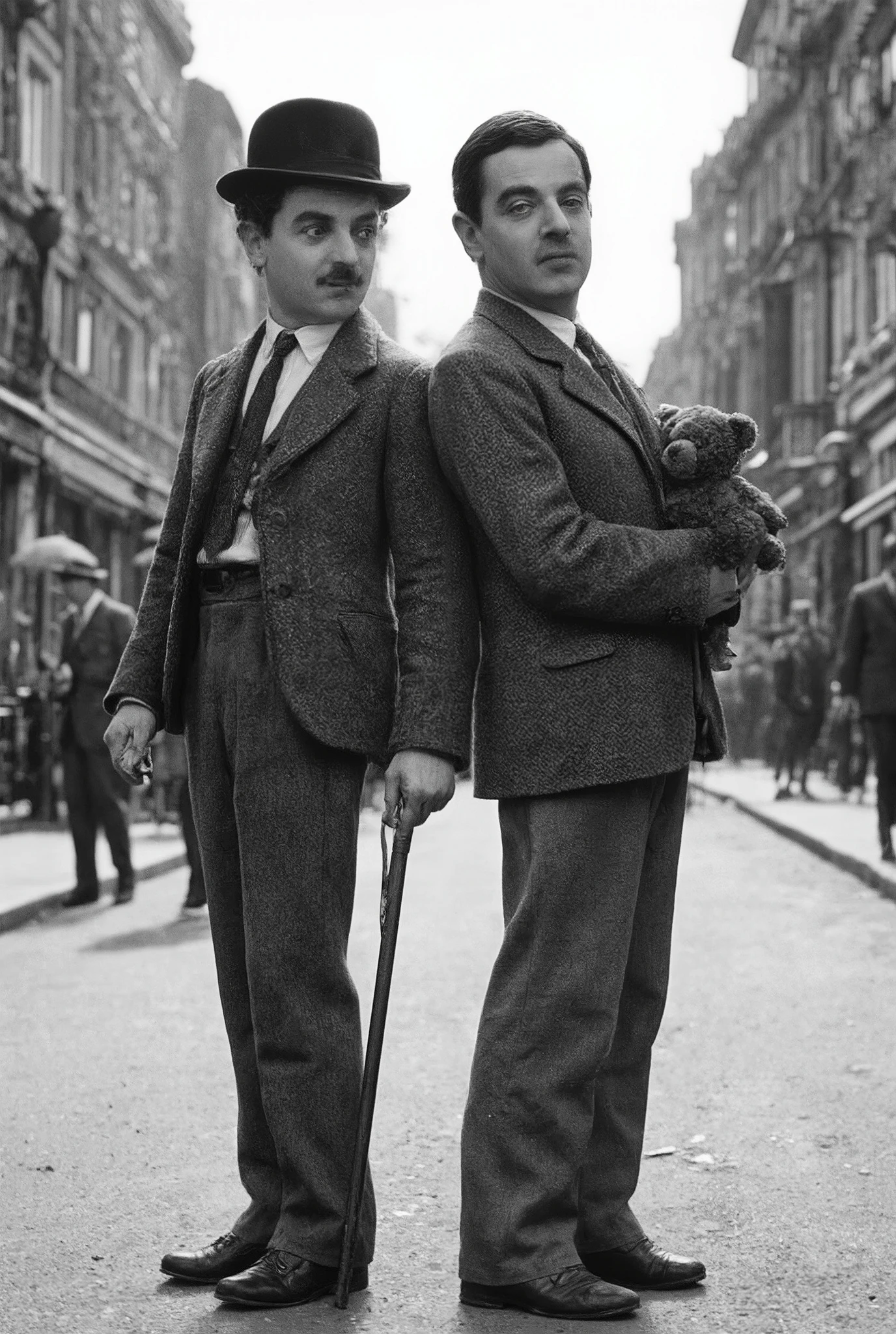 (Charlie Chaplin wearing large derby hat, tight short jacket, baggy pants, white shirts, black necktie, oversized shoes , cane and a tiny toothbrush moustache, beautiful monochrome, standing at old past London street) and (Rowan Atkinson as Mr Bean wearing brown tweed jacket and white shirt, thin red tie, brown trousers, black shoes and a black digital calculator watch, holding dark brown teddy bear, beautiful full color,standing at modern recent London street). shoulder to shoulder smiling. masterpiece, best quality, photo realistic