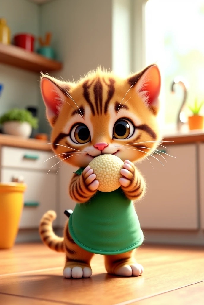 The cutest brown tiger pattern kitten in the world wearing a green apron holding a triangular rice bowl、((Realistic:1.3))、 bright kitchen