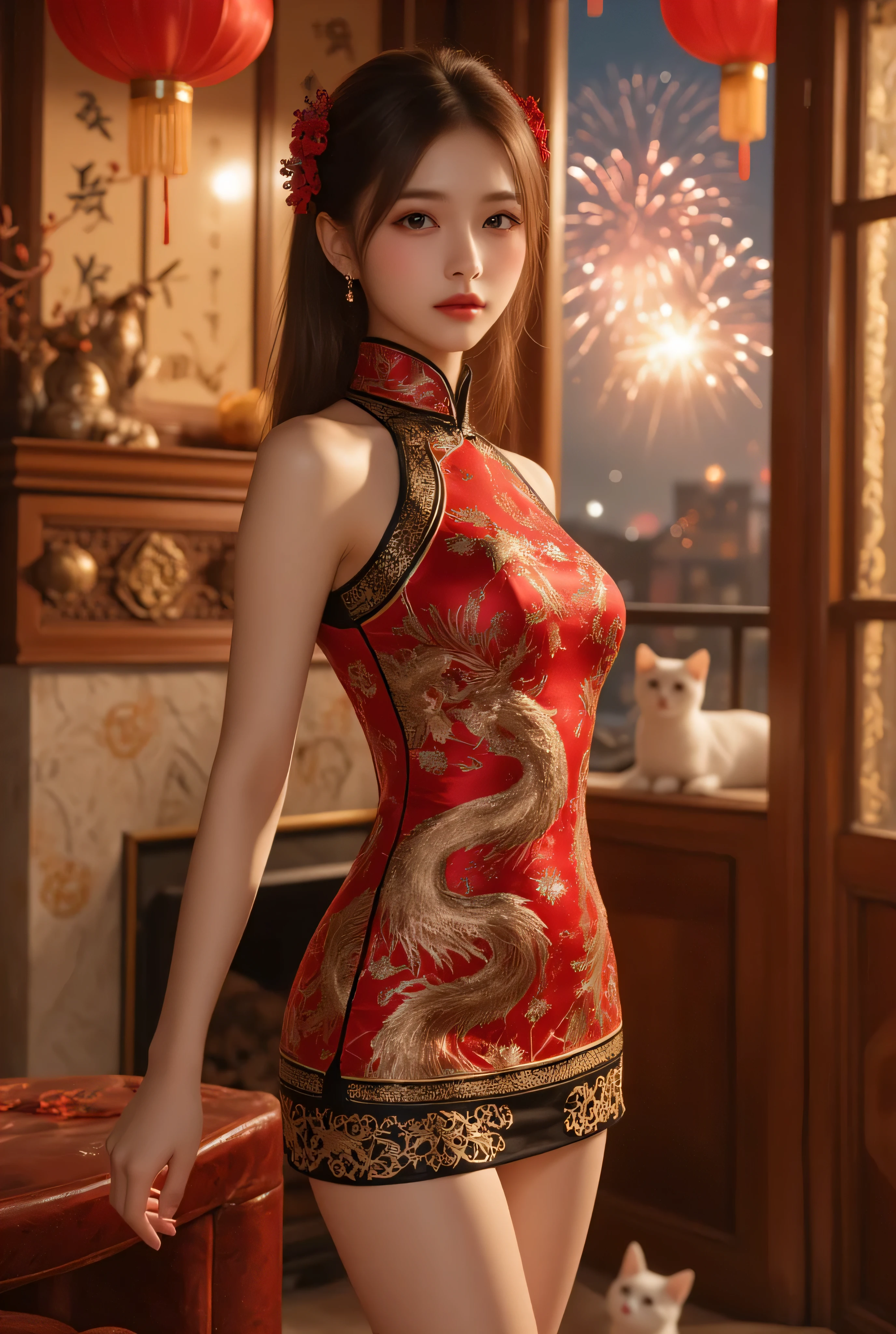 A close-up, head-and-shoulders portrait of a beautiful Korean idol with fine facial features and a ponytail, wearing a red-black-gold short cheongsam with some black-transparent sections, adorned with intricate gold or silver phoenix and floral embroidery. She stands gracefully in a warmly lit room featuring a vintage fireplace and traditional Chinese New Year decorations, including vibrant red lanterns, decorative calligraphy scrolls, a small Chinese orange tree with golden ornaments, and several red envelopes scattered across the floor and hanging from the tree. Adorable, playful cats are part of the scene—some sitting near the tree, others curiously pawing at the red envelopes or lounging around. Through a window or an open door in the background, vibrant Chinese fireworks light up the night sky in an array of reds, golds, and blues, casting a magical glow into the room. The idol’s outfit is complemented by subtle accessories like red hairpins or earrings and a few pretty Chinese hair accessories, along with pink lipstick, enhancing her festive look. The atmosphere is warm and lively, filled with the joyful essence of the celebration, highlighted by dramatic, chiaroscuro lighting, deep contrast, pleasant colors, and intricate, elaborate patterns, creating a super-detailed, realistic 8K cinematic composition.