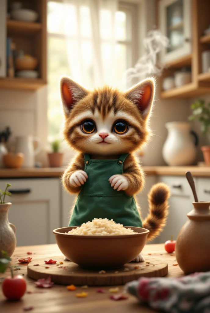 The cutest brown tiger pattern kitten in the world wearing a green apron holding a triangular rice bowl、((Realistic:1.3))、 bright kitchen