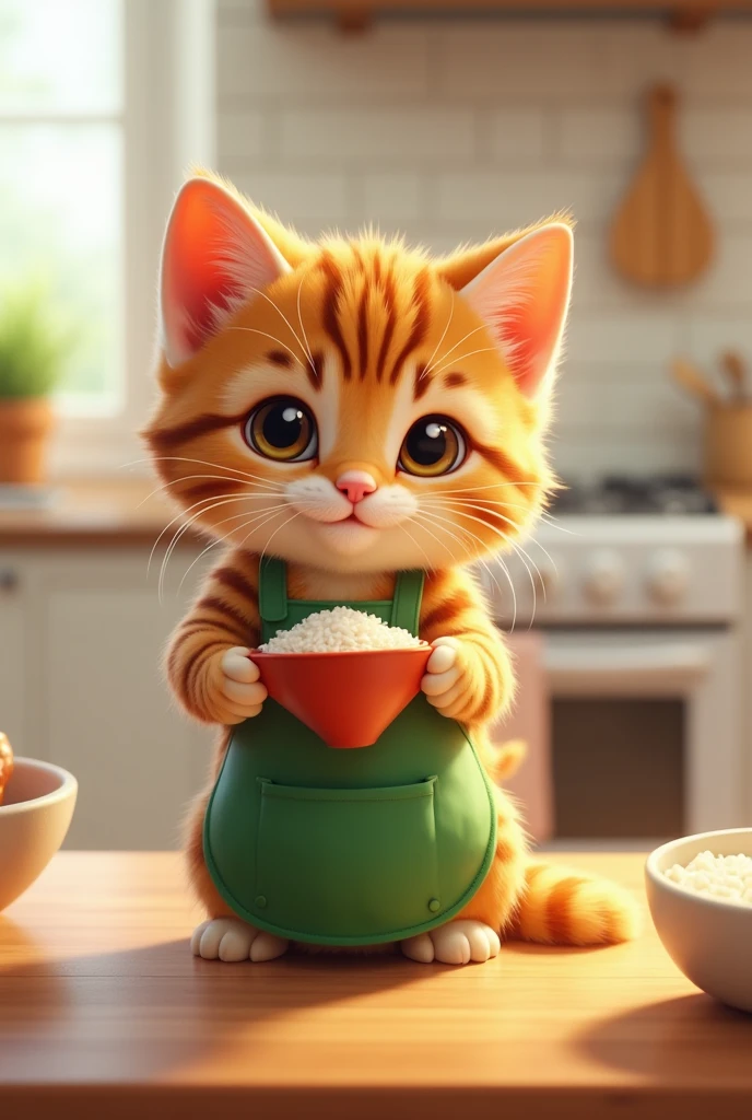 The cutest brown tiger pattern kitten in the world wearing a green apron holding a triangular rice bowl、((Realistic:1.3))、 bright kitchen