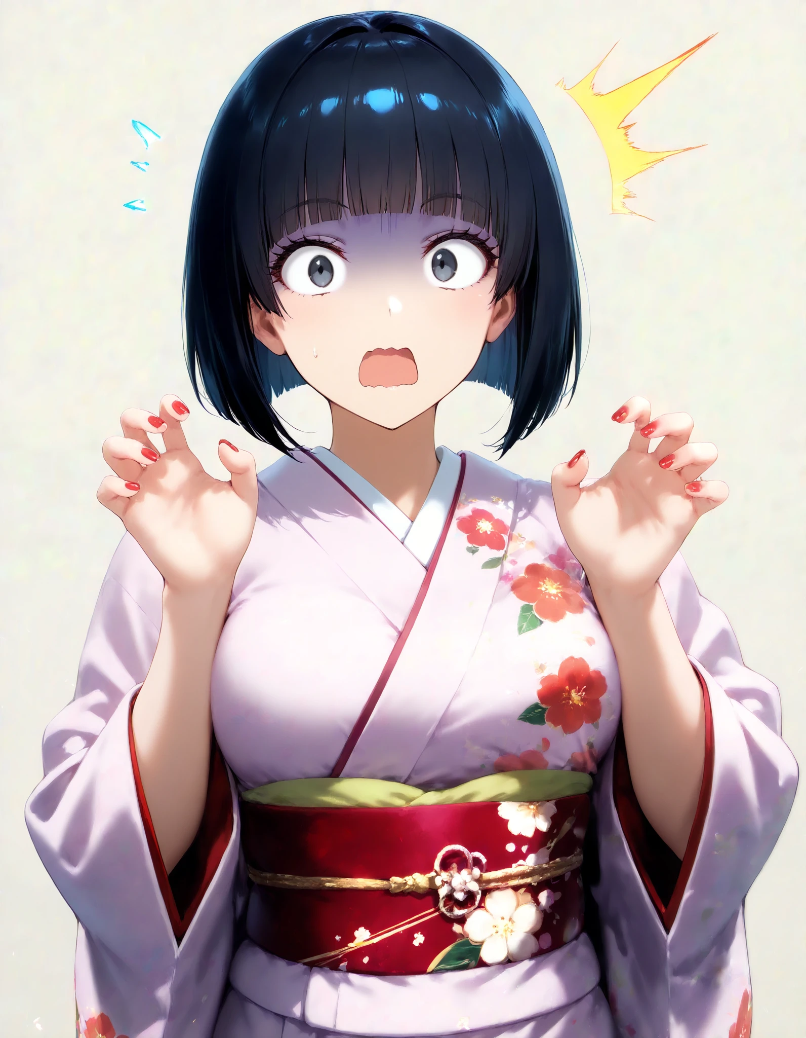 score_9, score_8_up, score_7_up, (1girl, solo), (upper body, looking at viewer), (black short hair, bob cut, blunt bangs), black eyes, (Japanese clothes, kimono, floral print, sash, long sleeves, obi), (surprised expression, astonishment, paled face), (open mouth, wavy mouth), (raised both arms, freeze pose), (nail polish, red nails), (simple background, grey background)