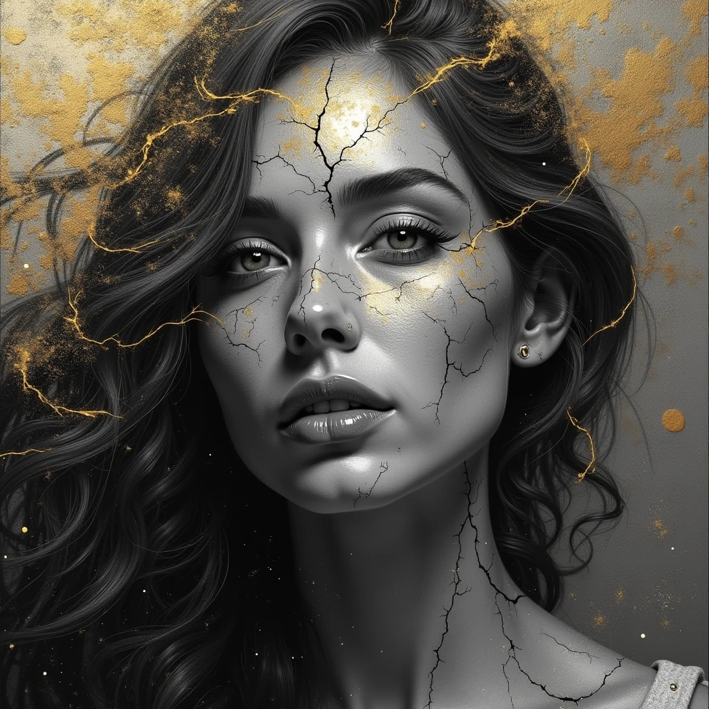 perfect and detailed realistic image of a woman, gray skin with cracks from which silver energy comes out, black and white and gold effect, loving look, full figure of the woman, hd, half black and white and half color of a painting made with gold and silver blurred brush strokes, artistic style effect and mystical effects around her. Acrylic style background
