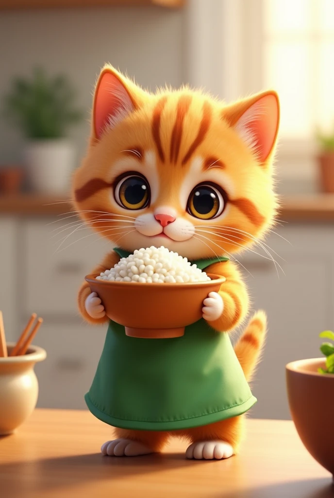 The cutest brown tiger pattern kitten in the world wearing a green apron holding a triangular rice bowl、((Realistic:1.3))、 bright kitchen