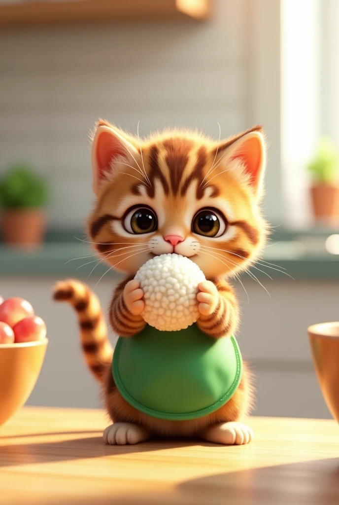 The cutest brown tiger pattern kitten in the world wearing a green apron holding a triangular rice bowl、((Realistic:1.3))、 bright kitchen