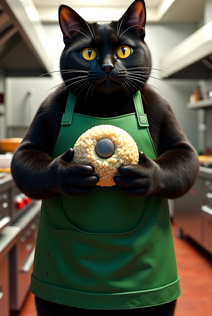 The cutest brown tiger pattern kitten in the world wearing a green apron holding a triangular rice bowl、((Realistic:1.3))、 bright kitchen