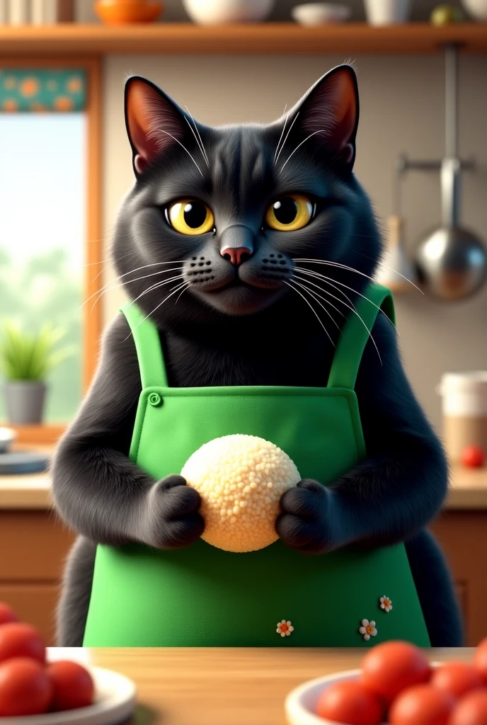 The cutest brown tiger pattern kitten in the world wearing a green apron holding a triangular rice bowl、((Realistic:1.3))、 bright kitchen