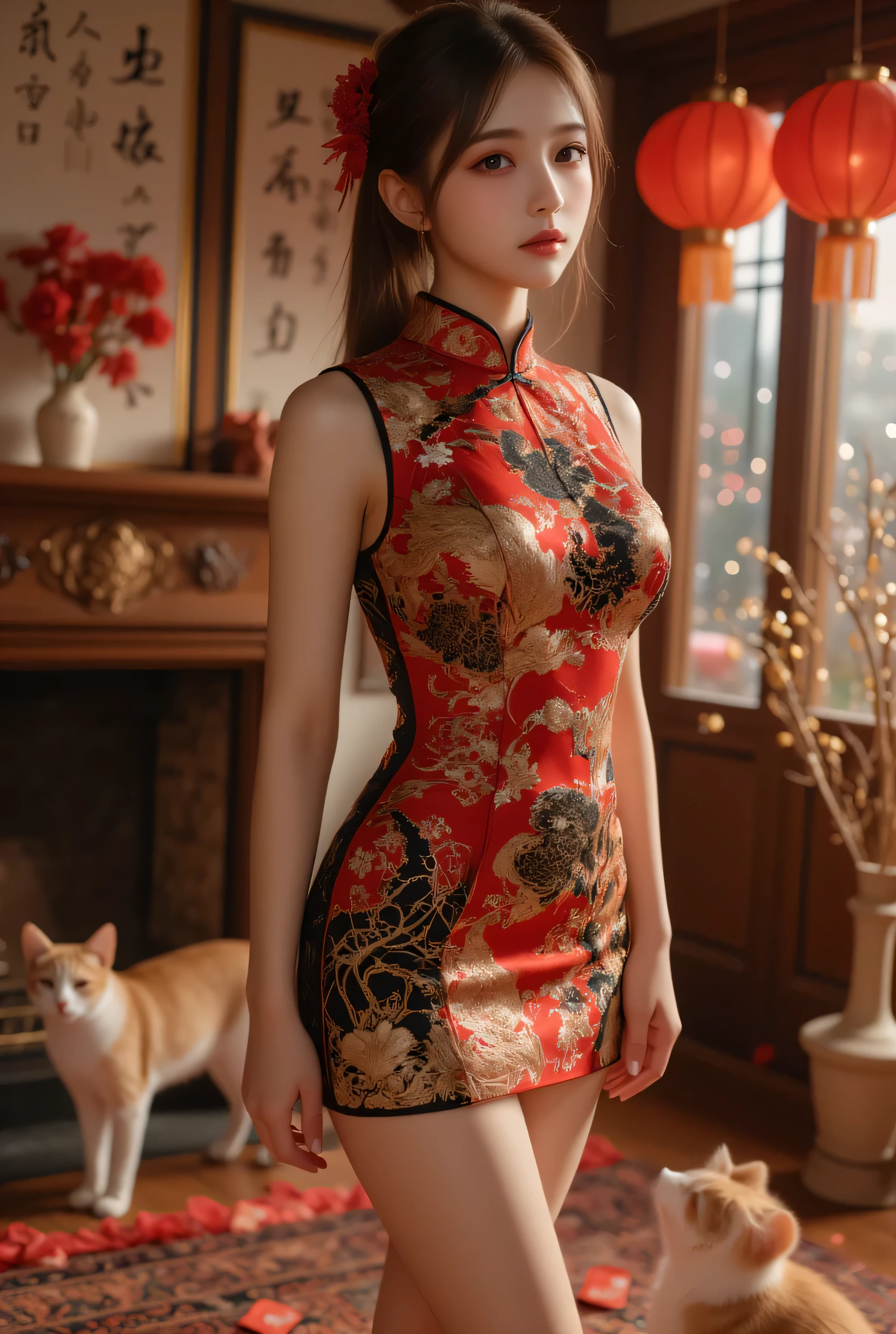 A close-up, head-and-shoulders portrait of a beautiful Korean idol with fine facial features and a ponytail, wearing a red-black-gold short cheongsam with some black-transparent sections, adorned with intricate gold or silver phoenix and floral embroidery. She stands gracefully in a warmly lit room featuring a vintage fireplace and traditional Chinese New Year decorations, including vibrant red lanterns, decorative calligraphy scrolls, a small Chinese orange tree with golden ornaments, and several red envelopes scattered across the floor and hanging from the tree. Adorable, playful cats are part of the scene—some sitting near the tree, others curiously pawing at the red envelopes or lounging around. Through a window or an open door in the background, vibrant Chinese fireworks light up the night sky in an array of reds, golds, and blues, casting a magical glow into the room. The idol’s outfit is complemented by subtle accessories like red hairpins or earrings and a few pretty Chinese hair accessories, along with pink lipstick, enhancing her festive look. The atmosphere is warm and lively, filled with the joyful essence of the celebration, highlighted by dramatic, chiaroscuro lighting, deep contrast, pleasant colors, and intricate, elaborate patterns, creating a super-detailed, realistic 8K cinematic composition.