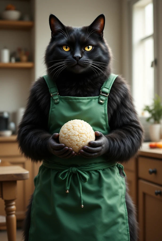 The cutest brown tiger pattern kitten in the world wearing a green apron holding a triangular rice bowl、((Realistic:1.3))、 bright kitchen