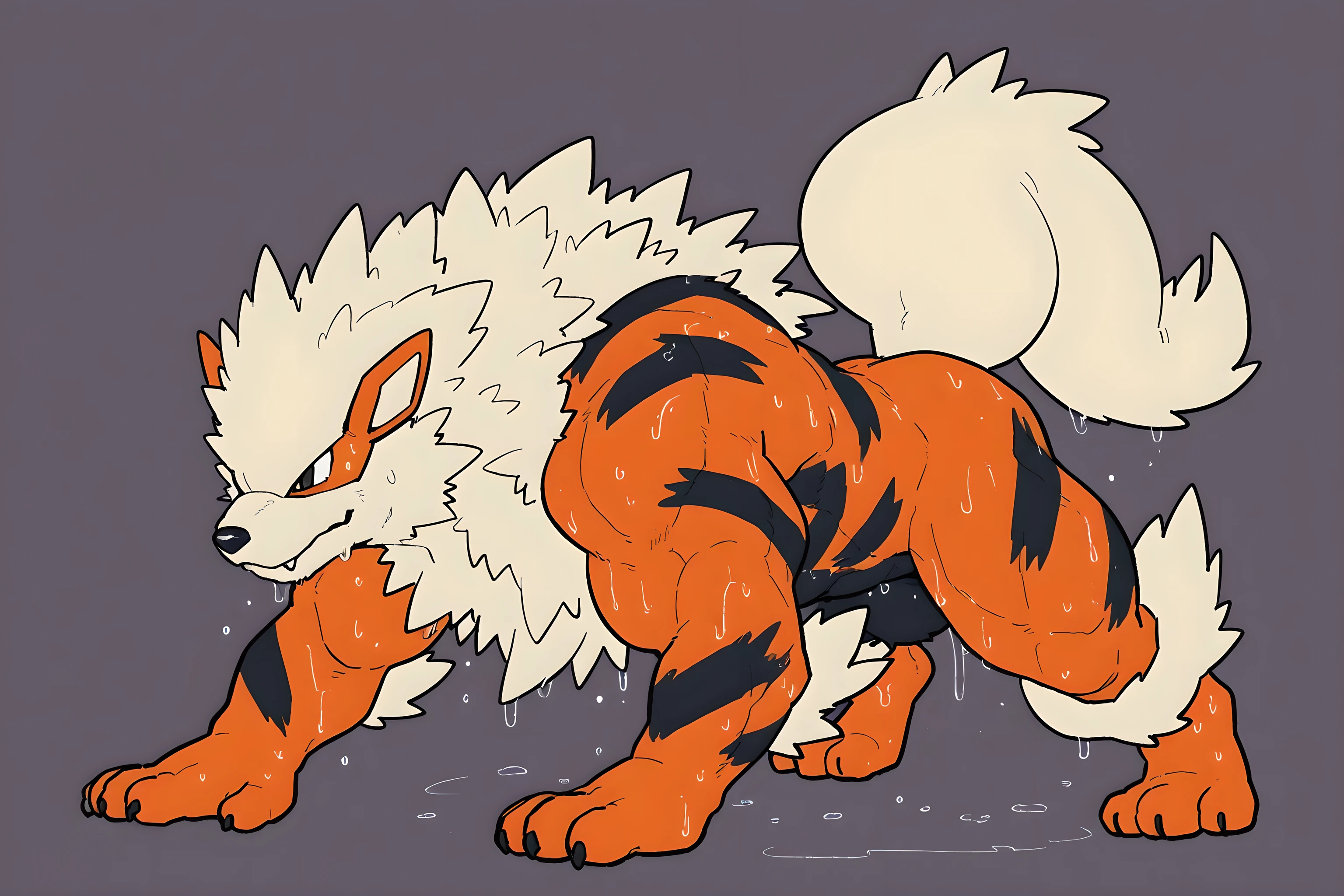 zzArcanine, arcanine, solo, no humans, pokemon (creature), ((flat color)), male, ((very muscular, heavyweight body)), shirtless, simple background, feral, sweaty