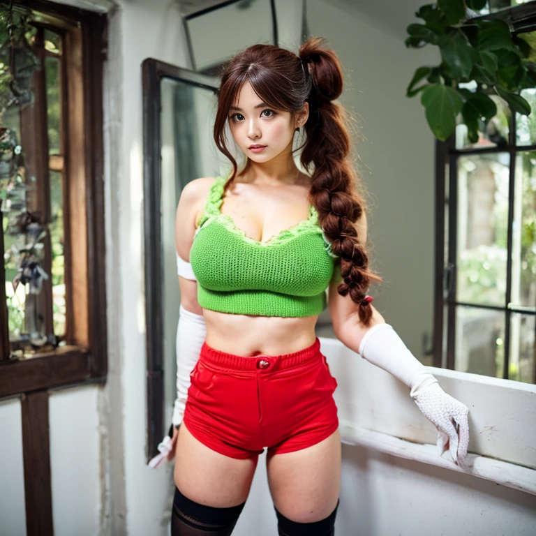1girl, fitness, big breasts, (((underboob cyan_tanktop))) BREAK (((red_skirt))) BREAK choker, long_braid_hair, strong_redhead, thicc, detailed_eyes, blue_eyes,