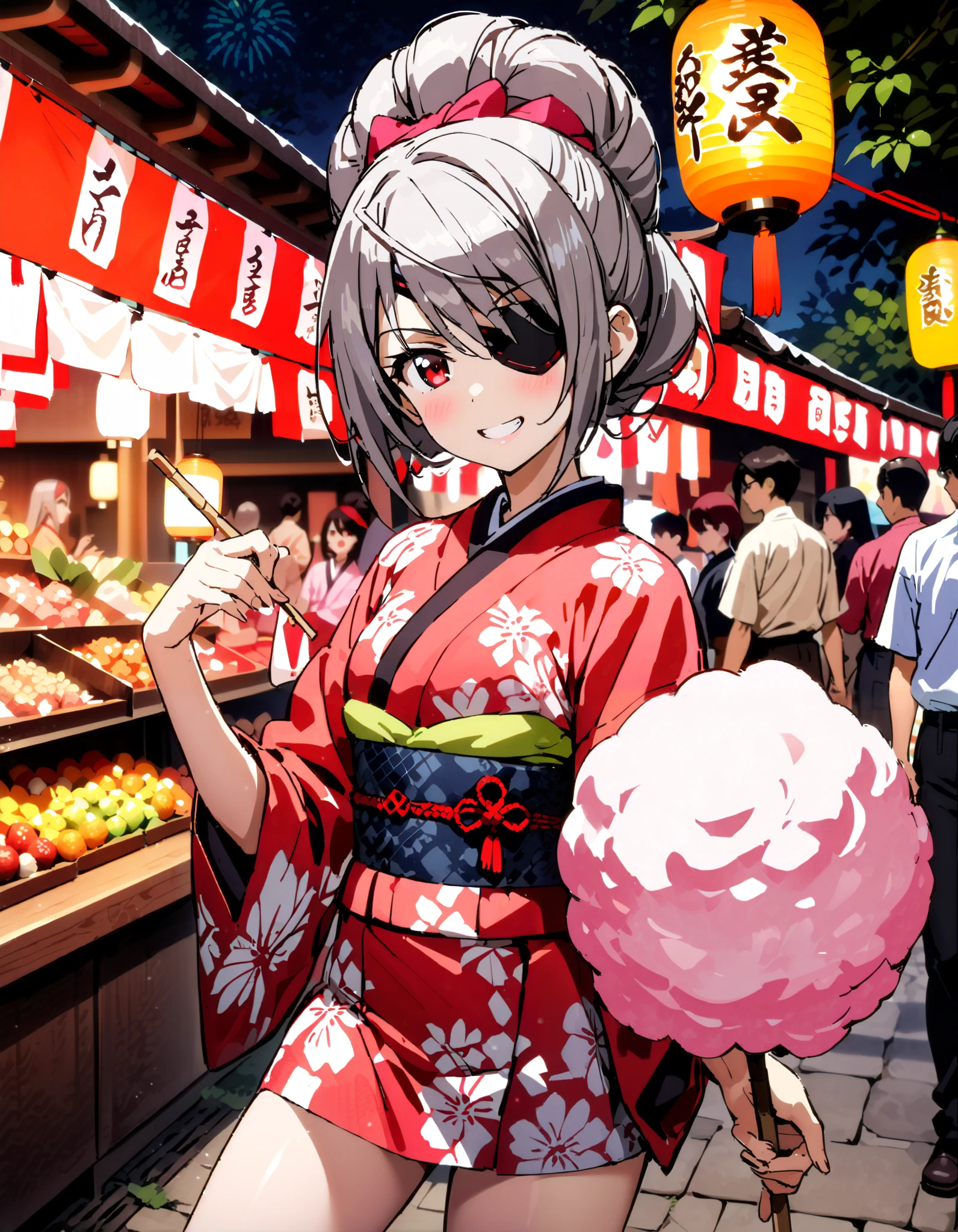 Laurabodewig, Laura Bodevich , red eyes, Grey Hair , Eye patch,smile,blush, grin , bun hair,Black flower pattern kimono, miniskirt,Bare legs, holding a stick with cotton candy on it with one hand, standing,Fireworks in the night sky, fireworks,The time is night, Japanese Festival,Summer festival food stalls, red lanterns,whole bodyがイラストに入るように,
break looking at viewer,whole body,
break outdoors,shrine,
break (masterpiece:1.2), top quality, high resolution, unity 8k 壁紙 , (shape:0.8), ( attention to beautiful details :1.6), Highly Detailed Face , perfect lighting, highly detailed CG, ( perfect hand, perfect anatomy),