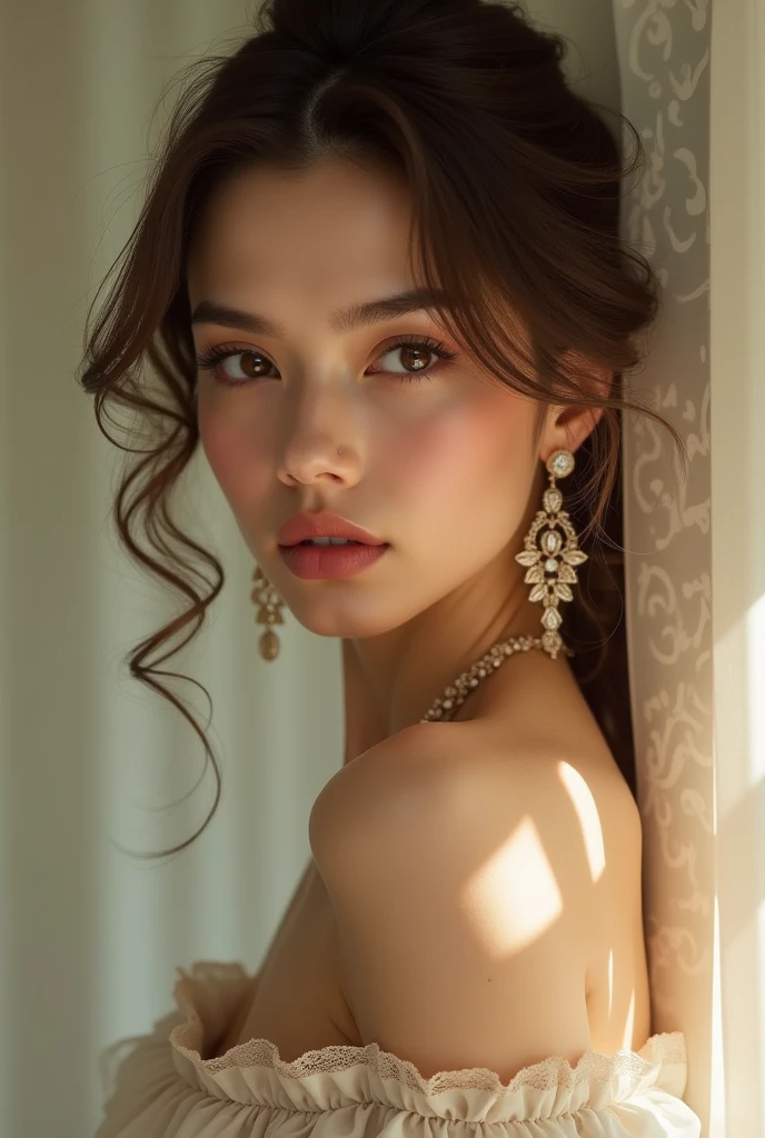 Beautiful, Detailed face, Beautiful woman, Stunning eyes, Juicy lips, Gorgeous girl, Soft lighting, Bright colours, Upper body, High resolution, Romantic atmosphere, Dreamy background, Elegant pose, Subtle details, Earrings, Flawless skin, Seductive expression, Charming smile, Visual art aesthetic,. masterstroke, oil painting style, gallery-worthy, out-of-this-world beauty, flash, diffused light
