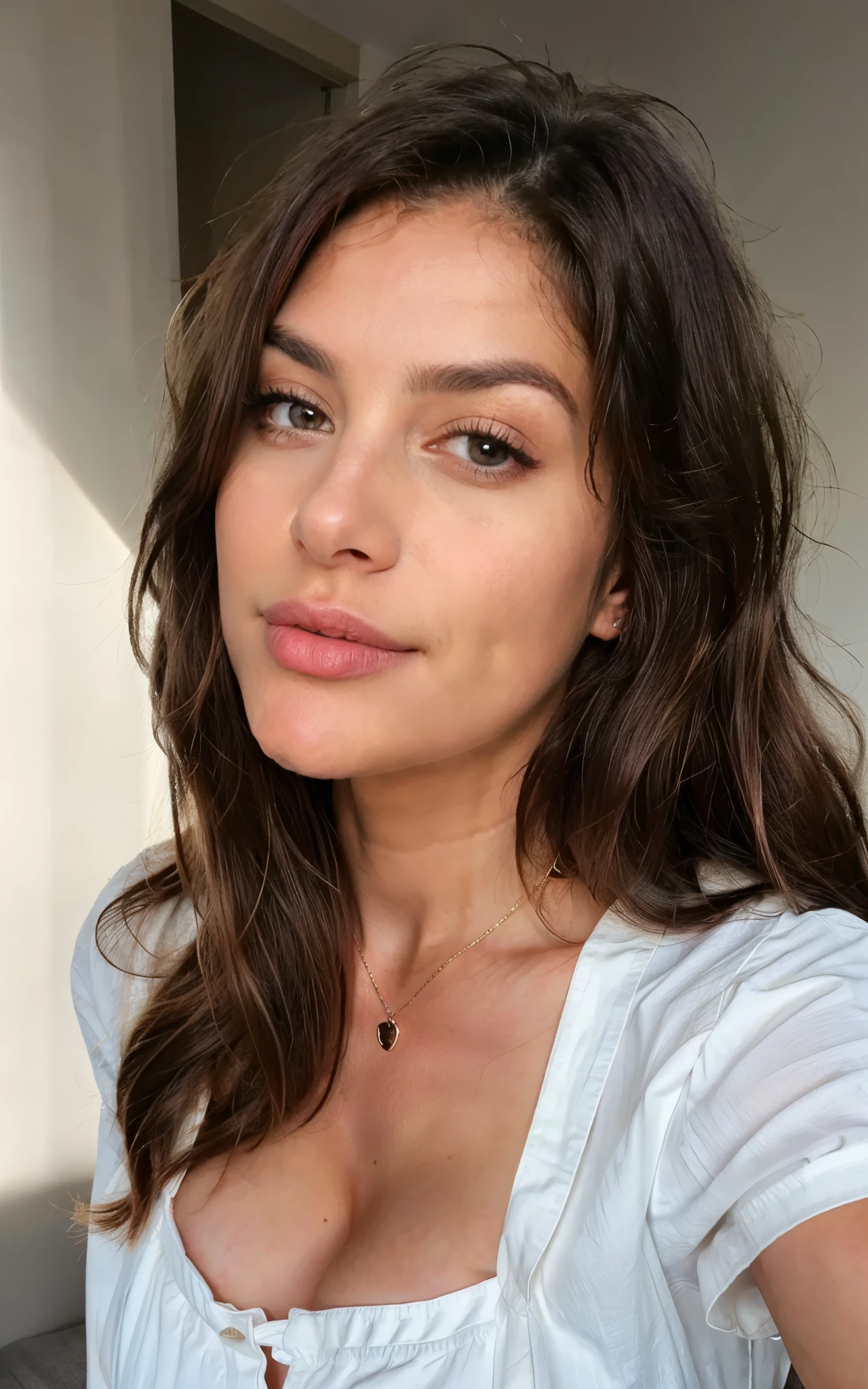 woman, 30 years old, long wavy hair, dark brown eyes, very large breasts, wearing a white blouse, biting her lips, shy smile, slight expression mark, real skin texture with pores and micro texture, micro hairs, sensual, textured and pigmented skin, ultra-realistic composition, natural light, projected shadow, hyper realism, bottom view, finger in mouth, lightly biting finger,