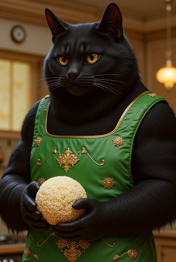 The cutest brown tiger pattern kitten in the world wearing a green apron holding a triangular rice bowl、((Realistic:1.3))、 bright kitchen