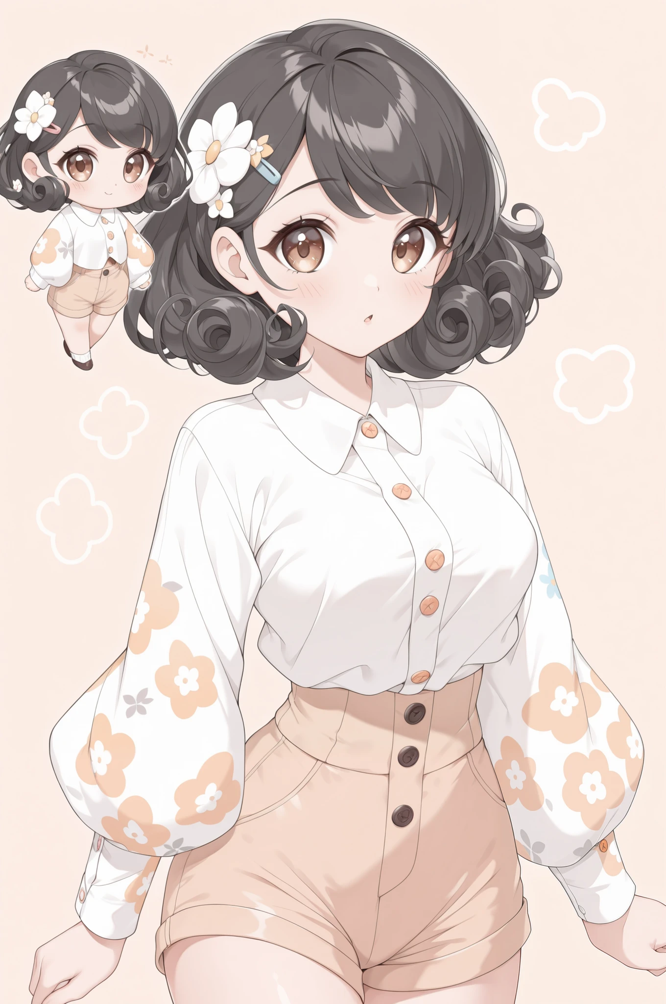 (((Masterpiece))), a chibi top influencer woman, best quality, ultra-detailed, cute and spunky, retro 60's style, fair skin, short curly black hair with flower clips, orange button up crop top transparent floral print sleeves, brown high waist button up shorts, simple retro background