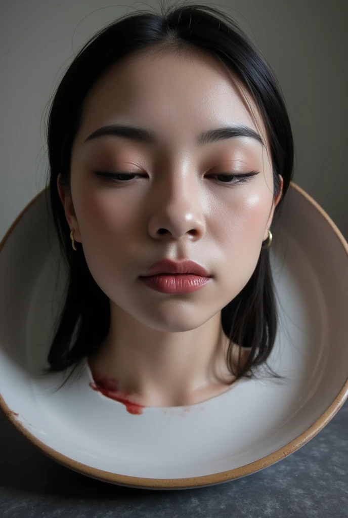  The cut off head of a beautiful actress is placed on a plate， and the end is in the hands of a waiter .  around her neck .  The cut off head has a black ponytail hairstyle , , she has a dot ,  she closes her eyes .   the nostrils are very large, When I inhale   ，  blush ,  a small nose ring , and natural makeup.  The severed head shows all the details of her real face , Not a hint of a smile,  gives the feeling that she is immersed in thought ,Instead of being lifeless, Everything is against the background of daylight.