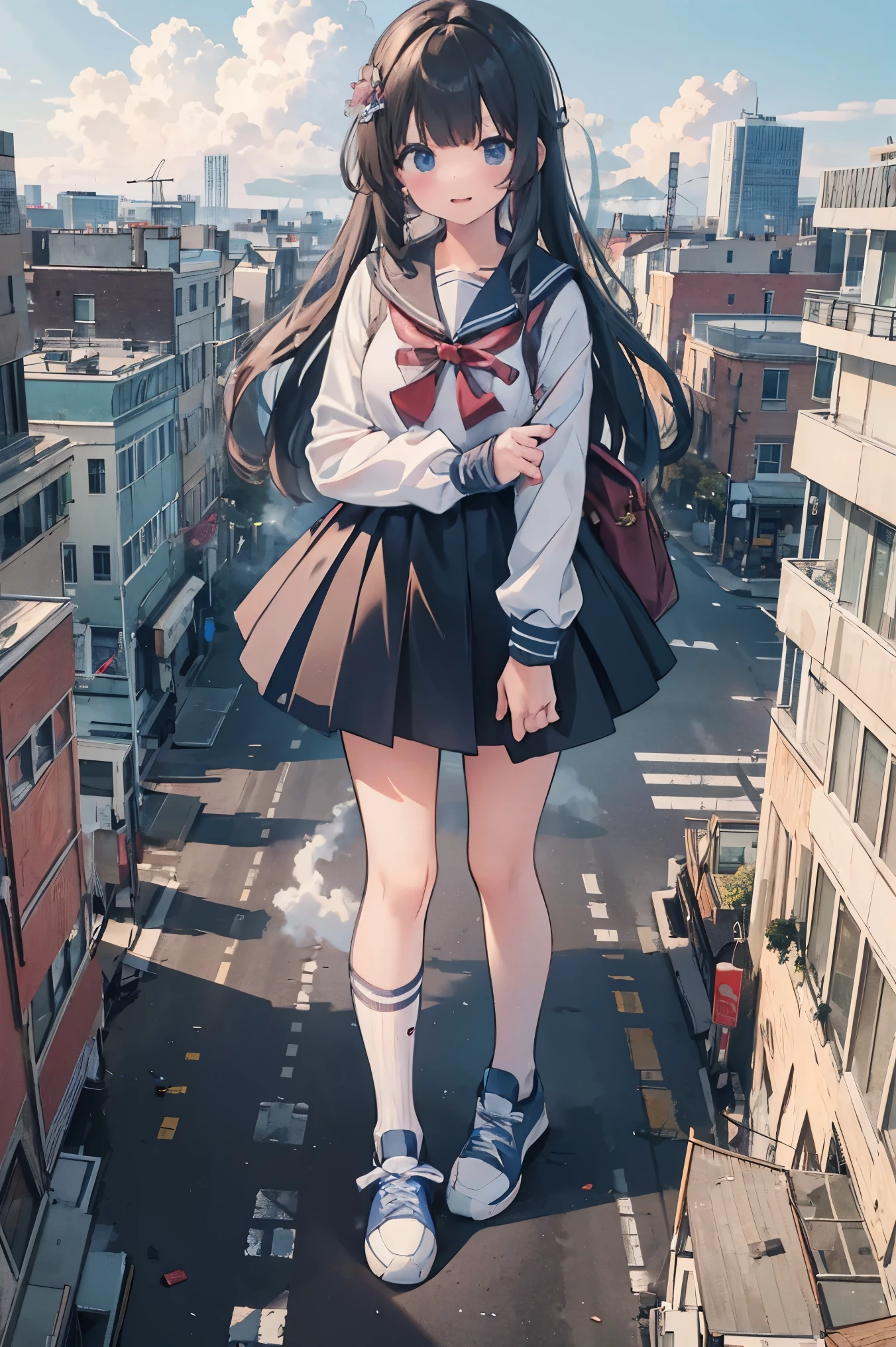 A huge high school girl taller than a cloud, wearing sneakers , sailor uniform, A city toy smaller than an ant , masterpiece、 top quality、Female Giant、Female Giantのイラスト、 Smile、 Open Mouth 、 Beautiful 身体、 Beautiful 、Anime Illustrations、 A small building destroyed at the foot 、Vest、 shorts、 low angle、 Draw a tall woman 、Female Giant、 hands on the waist 、Female Giant、 destroyed small town smaller than ants、 destroyed mini small construction area 、Smoke rises、Fugitive 々、Destructive illustration