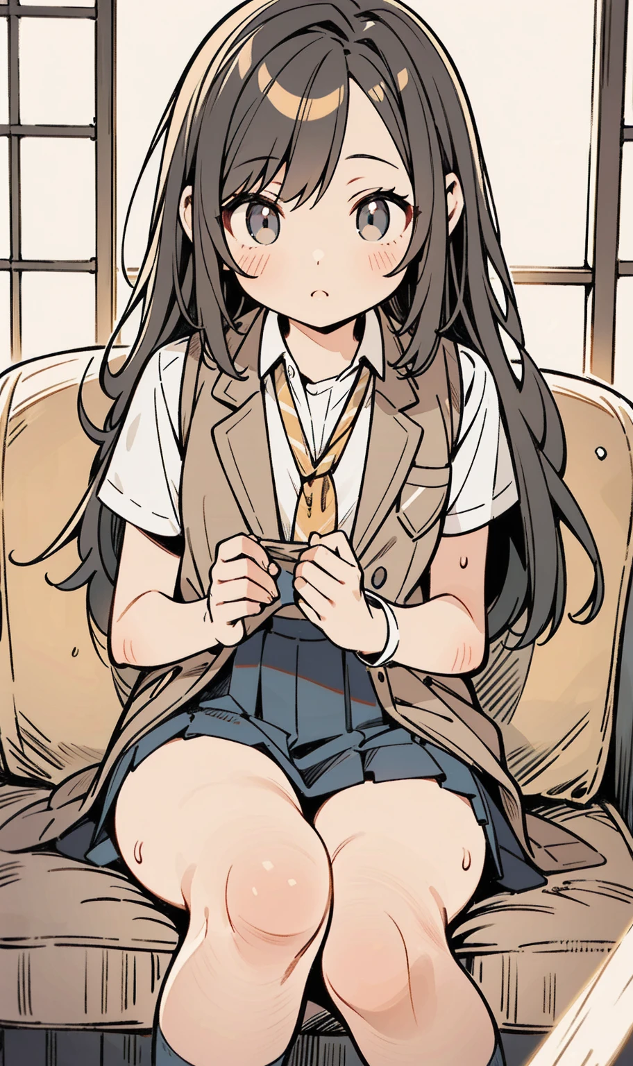 (masterpiece), (Highest quality), (Very detailed), ((Very delicate and beautiful)), One Girl, solo, July, Cowboy Shot, Black Sailor Suit, White neckerchief, Crescent Pin, (Very long hair), ponytail, smile, Flat Chest, belt, chestnut mouth, Sitting, On the bed, question mark,  indoor, Detailed Iris, young, Completely naked ,((Browsing Caution)),((nsfw)), Squat