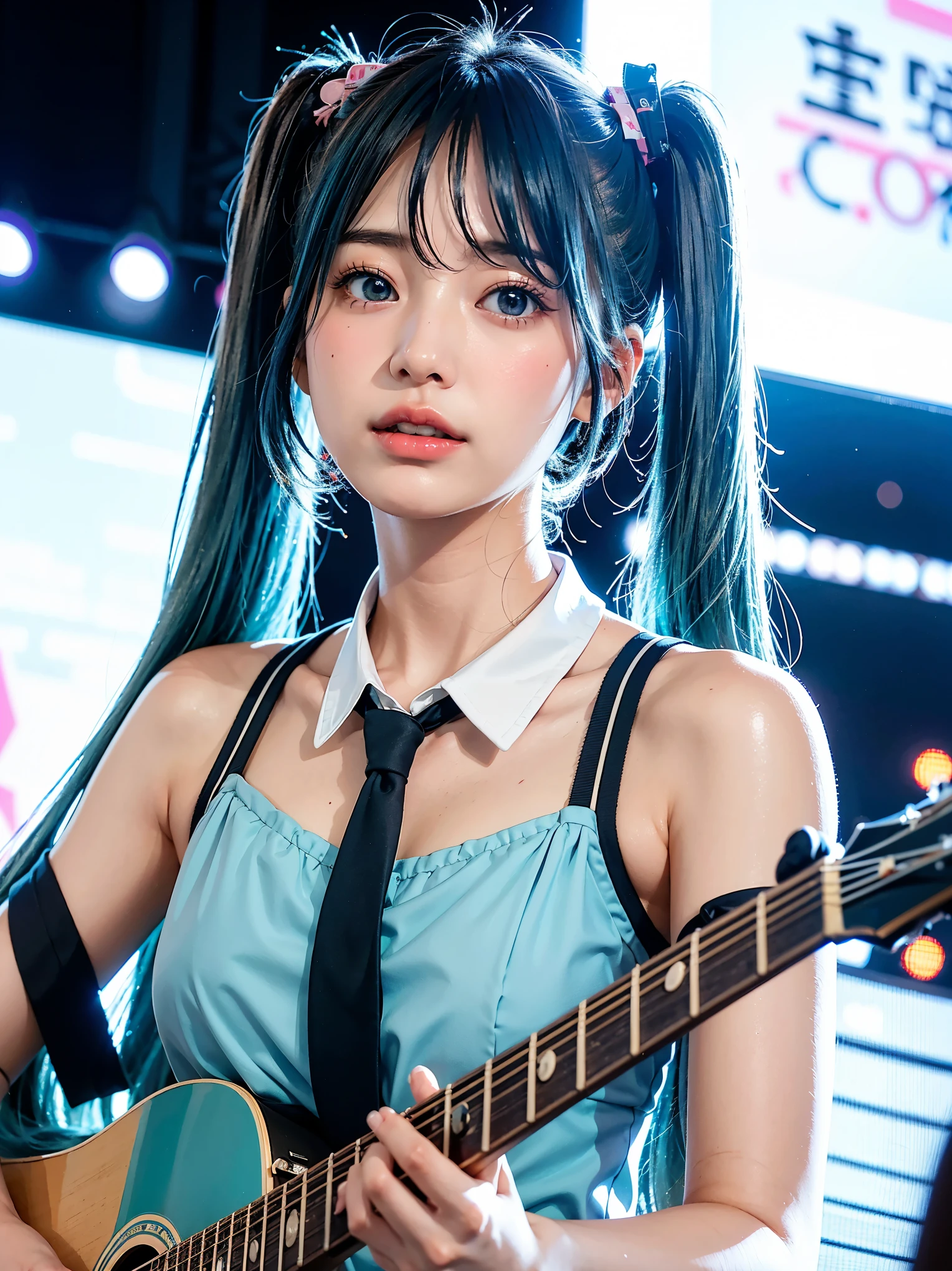 30-year-old Japanese woman、blue Hair、long Twin tails、Hatsune Miku's outfit、realistic photos、realistic、8K quality、Seaside、 stage、concert、guitar、sing