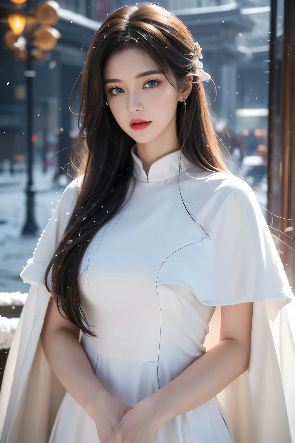 Top quality work,Photorealistic works,Ultra Premium Graphics,8K HD CG works,High-quality graphics,High-definition fine CG works,10x pixel,Ultra-fine details:1.1,Advanced technical details:1.1Photographically realistic, A high resolution ,Transparent hair,High Detail Hair(Premium Hair Detail:1.1)Clear eyes,Good looking double eyelids,Sharp eye makeup, Delicate makeup for eyelashes, Thin eyebrows, ultradetailed eyes,High Nose, lovely red lips, Rose cheeks, Face with delicate makeup , Pretty Face, A perfectly proportioned face,(Advanced facial details:1.1), Women's Artwork,full-body vieoddess of Dress,,amazing,Today's eyes are bright photorealistic, masterpiece, photorealistic, high resolution, soft light, hips up, (ta costume),Gorgeous costumeace the audience,(The upper part of the body,upper legeautidful eyes, Brown hair, ringed eyes, (outside,Heavy snowfall,Thick fur cape,Cover with snow),snowfield,Blue eyes