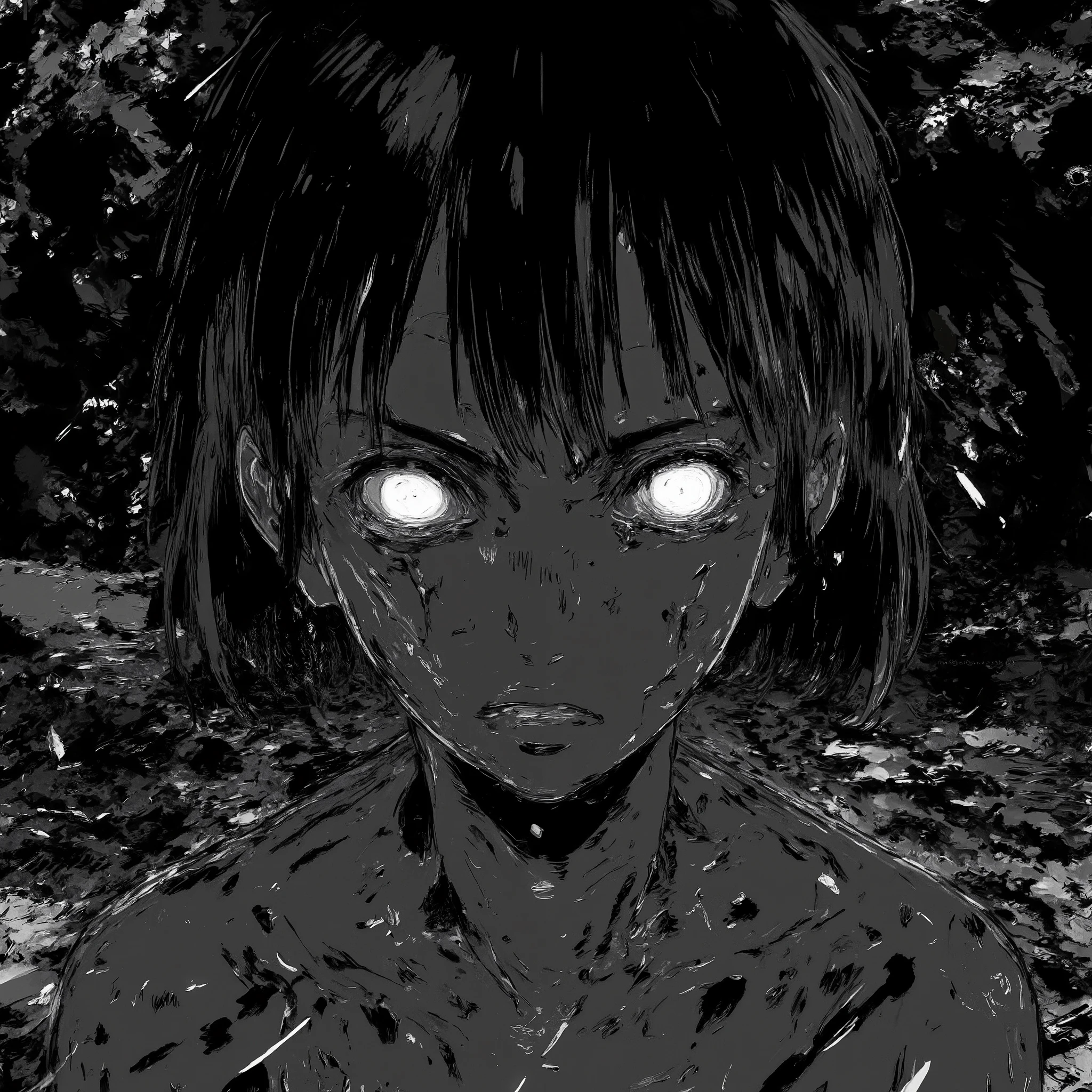 [ pixel art .  Anime girl, в horrorном стиле манги;  A state of anxious stillness ,  the mood of dark mystery and subcultural anxiety ], [ pixel art, manga style , horror], [ Pixel Art Revolution 128x128 ,  style with vivid white ; Dark forest background or black and white building interior with driving effects, offering ; Scars on the face, blood on the body ;  Focus on disturbing details ,  moments like eyes and distorted mouths ;  Drainage images are subtly incorporated into the background or clothing .]