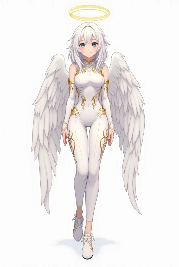 Lovecraftian goddess, white medium hair, beautiful white eyes, mysterious smile, ancient pure white and white robe, arms wide open drawing ancient symbols, from back, looking afar, white wings, average chest size, upper body, pure white background,