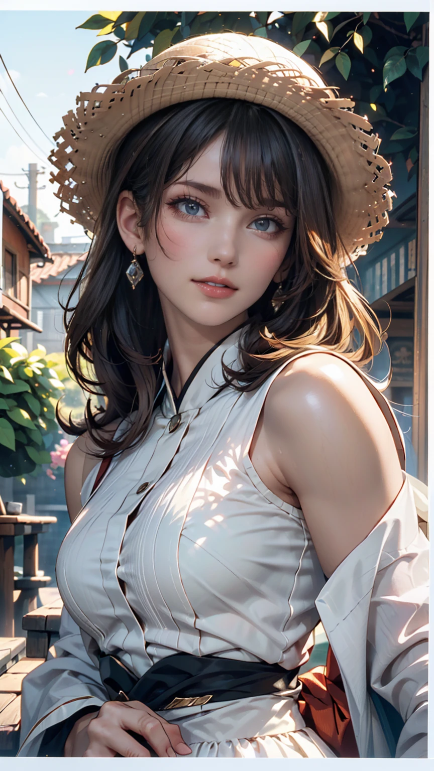 (3d:0.5,Realistic:0.5,photoRealistic:0.5),(Absurd,Super Resolution,masterpiece,Highest quality,In detail,Absurd:1.2), Dramatic Light, Dramatic lighting, Cinematic, Anime Scenery, makoto shinkai, Ghibli, Fantasy World, Magic, Beautiful sky, cloud, building, bike, Airplane trajectory, bird, Dramatic Lighting, Cinematic lighting, sunset, warm sunset, Warm sun, street, Depth of written boundary, Lens flare,19-year-old female、Sexy proportions、erotic、Accessories on your wrist、adult、Narrow waist、Sexy summer dress with lace decoration、Mules（Sandals）、Wide-brimmed hat decorated with ribbon