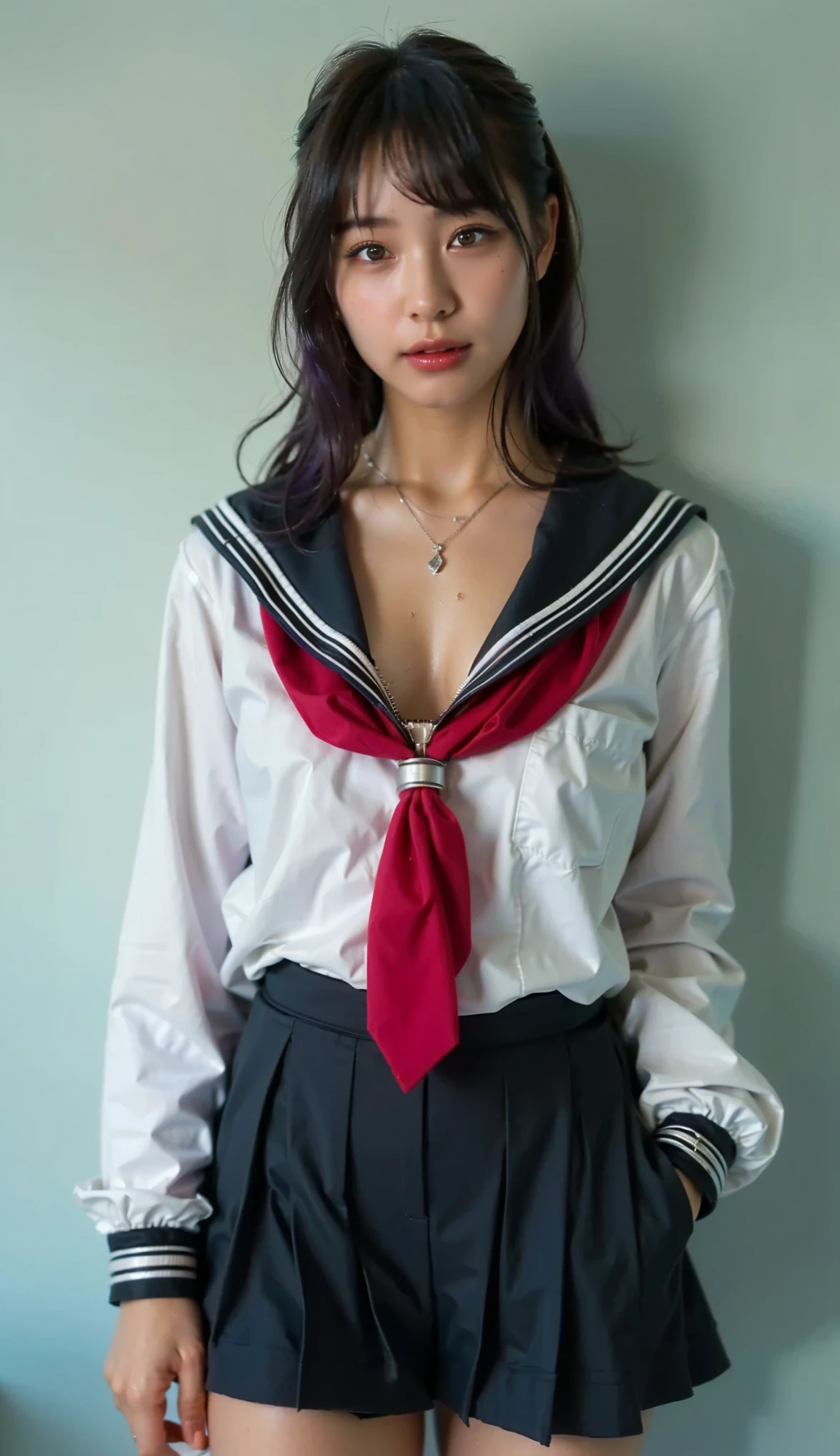 (Completely live action:1.37), (Amazingly realistic textures:1.37), (masterpiece, best quality:1.2), (8k uhd, 16k, 32k, ultra high res), amazingly realistic skin, amazingly realistic photo, superrealism, (photorealistic:1.37), (RAW photo), ultimately realistic, (ultimately realistic all details), (ultimately realistic all textures), super realistic lighting, super realistic shadow, (japanese girl:1.5), ((young face)), smiling, happy, super realistic face, ultimately realistic skin, ultimately realistic eyes, (mascara:1.35)ultimately realistic background, ultimately realistic detail up, kkw-ph1, ((drooping eyes, cyberpunk-style cyborg girl, amazingly intricate details, Anatomically perfect hands, mechanical body, silver knight armor, ultra glossy texture, purple hair))