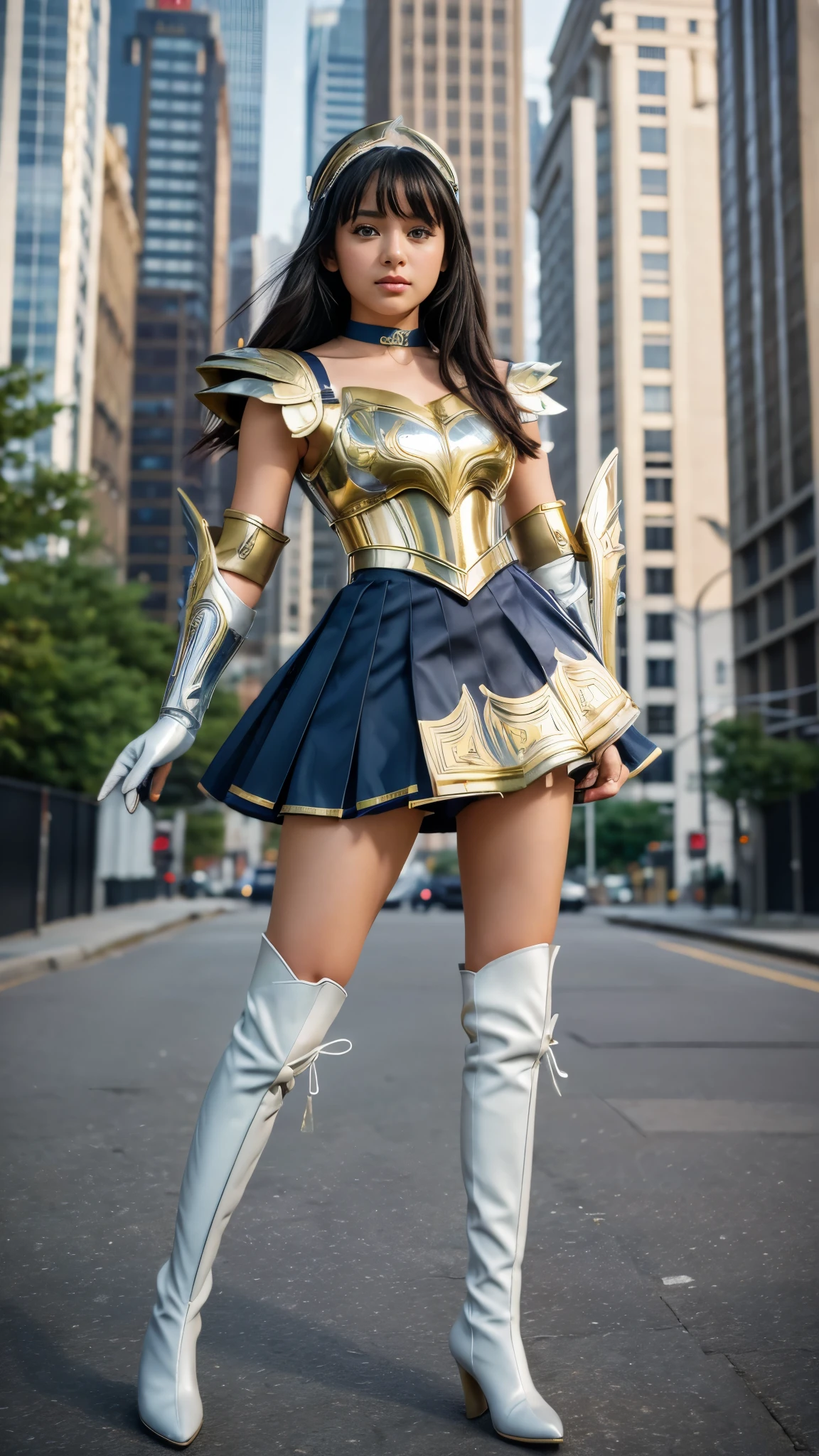A young girl dressed in a fusion of Sailor Saturn and Saint Seiya armor. She has short black hair and wears a dark blue pleated mini skirt, a matching choker, long white gloves, and knee-high boots. Her Sailor outfit seamlessly merges with Saint Seiya-style armor, including shoulder guards, waist armor, arm guards, and leg armor. The armor is sleek, metallic gold, and intricately designed, complementing the elegance of her Sailor uniform. She stands in a heroic pose, exuding both grace and strength, city background, tall buildings, trees, blurry.