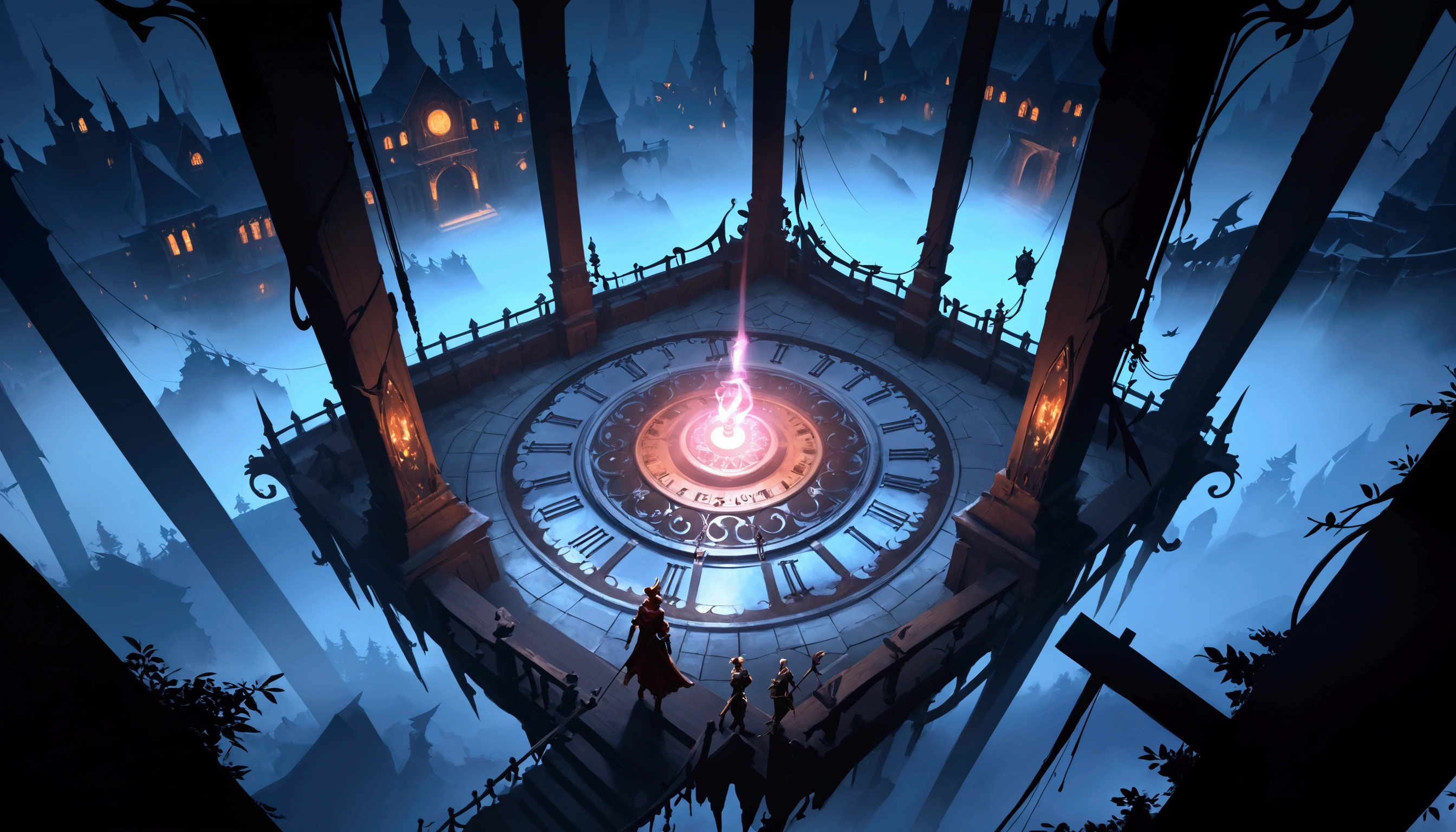 there is a clock tower with a clock face in the middle of it, concept art stunning atmosphere, magical concept art, magical fantasy 2 d concept art, arcane concept art, background art, stylized concept art, detailed digital 2d fantasy art, riot games concept art, concept art scene, inspired by Andreas Rocha, magical glowing time portal