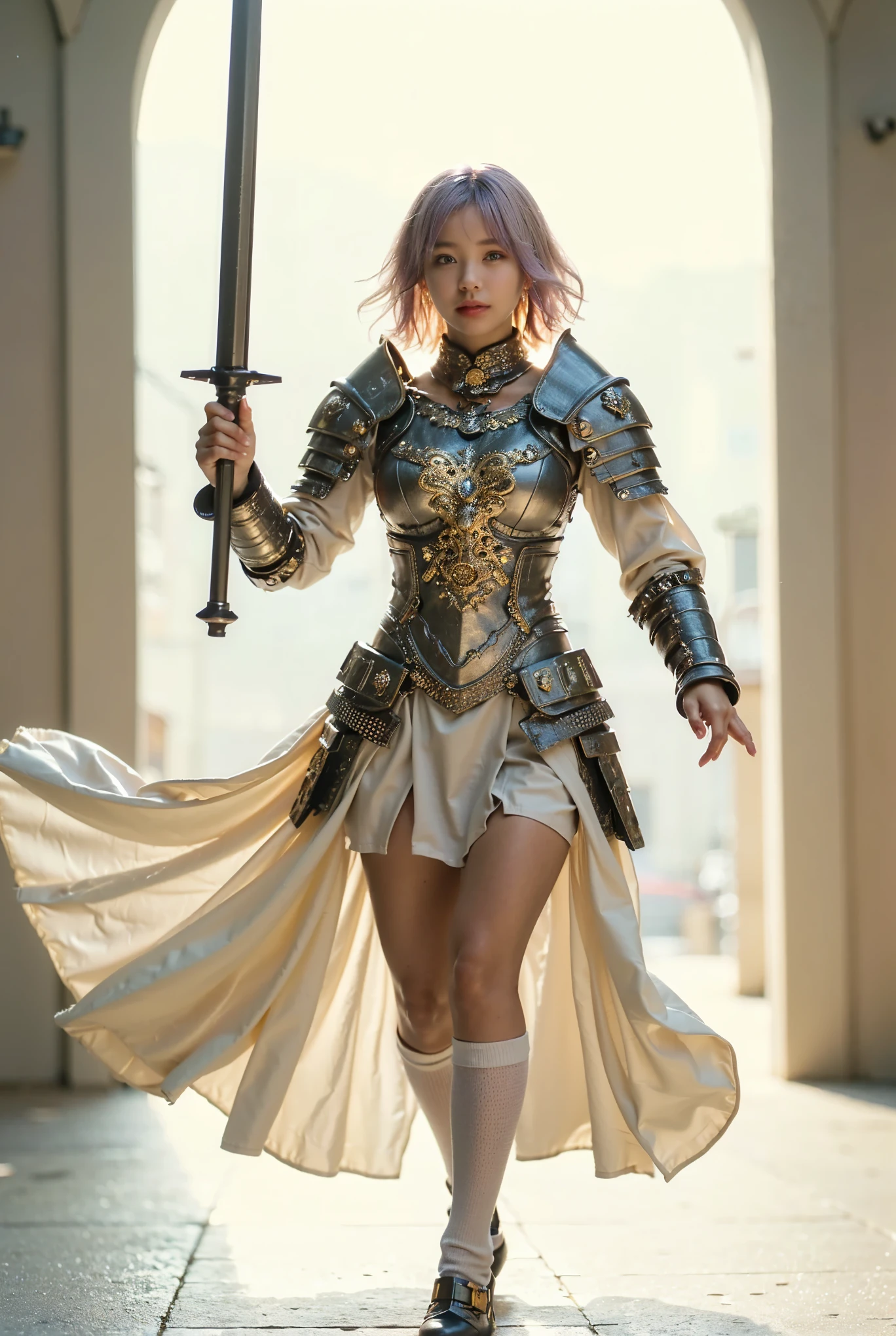 (Completely live action:1.37), (Amazingly realistic textures:1.37), (masterpiece, best quality:1.2), (8k uhd, 16k, 32k, ultra high res), amazingly realistic skin, amazingly realistic photo, superrealism, (photorealistic:1.37), (RAW photo), ultimately realistic, (ultimately realistic all details), (ultimately realistic all textures), super realistic lighting, super realistic shadow, (japanese girl:1.5), ((young face)), smiling, happy, super realistic face, ultimately realistic skin, ultimately realistic eyes, (mascara:1.35)ultimately realistic background, ultimately realistic detail up, kkw-ph1, ((drooping eyes, cyberpunk-style cyborg girl, amazingly intricate details, Anatomically perfect hands, mechanical body, silver knight armor, ultra glossy texture, purple hair))