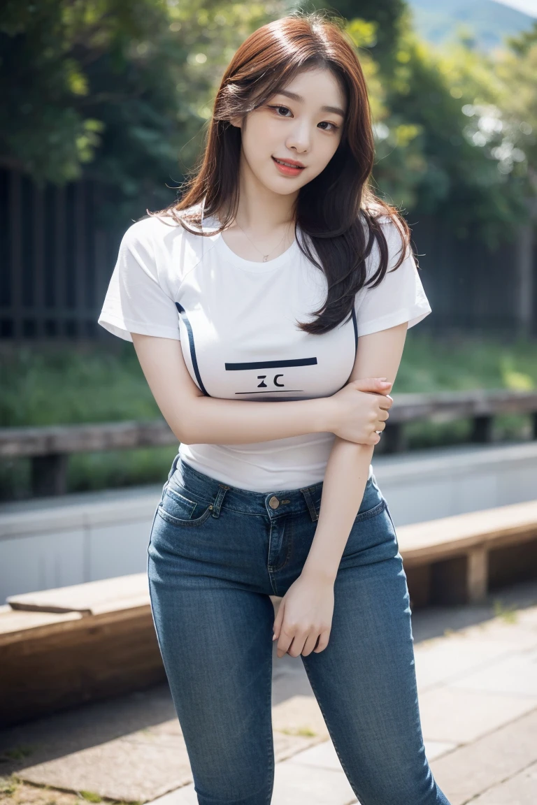realistic photos of cute Korean star female, ponytails, thin makeup, medium breasts size, slightly smile, printed t-shirt, in the bus, clear facial features ofsharp and realistic details, Sony FE, 35mm, cinematic lighting, high details, UHD, high quality, HD, 8k, 16k