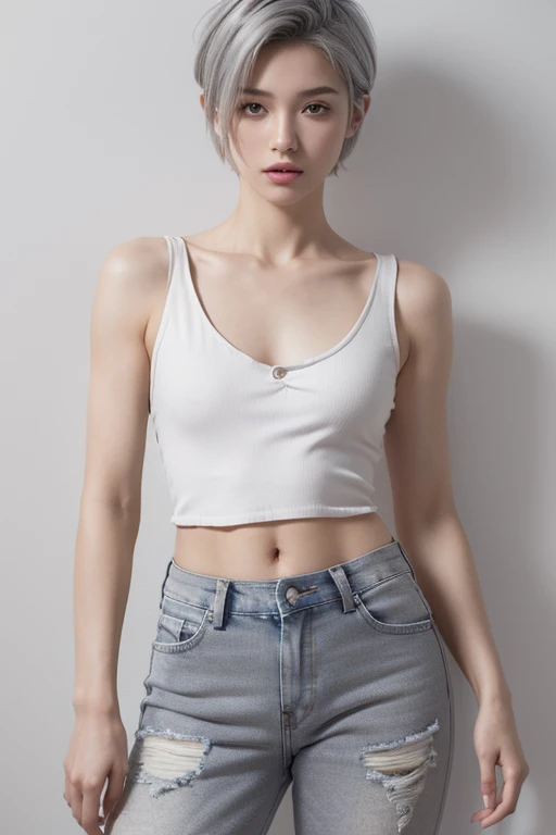 one woman, bob cut, short hair, white  crop top, short jeans, black pantyhose