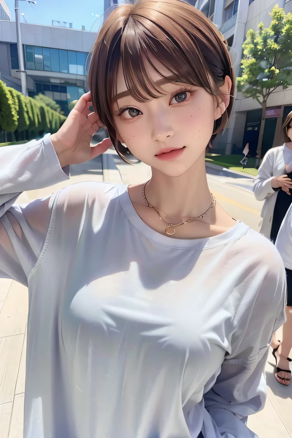 A woman making a peace sign in front of the water, Short hair, Beautiful Korean Women, With a cute - lovely - face, Girl cute beautiful face, Beautiful young Korean woman, Gorgeous Young Korean Woman, Portrait Cute-beautiful-face, Short hair with gel, Chinese Girl, Cute natural anime face, Short brown hair and big eyes