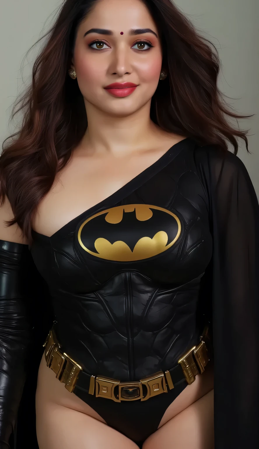 a batman costume, big boobs, tamanna bhatia, cleavage, curvy body, bra and panties, smile, red lipstick, (best quality,4k,8k,highres,masterpiece:1.2),ultra-detailed,(realistic,photorealistic,photo-realistic:1.37), HDR, UHD, studio lighting, ultra-fine painting, sharp focus, physically-based rendering, extreme detail description, professional, vivid colors, bokeh, portraits, photorealistic
