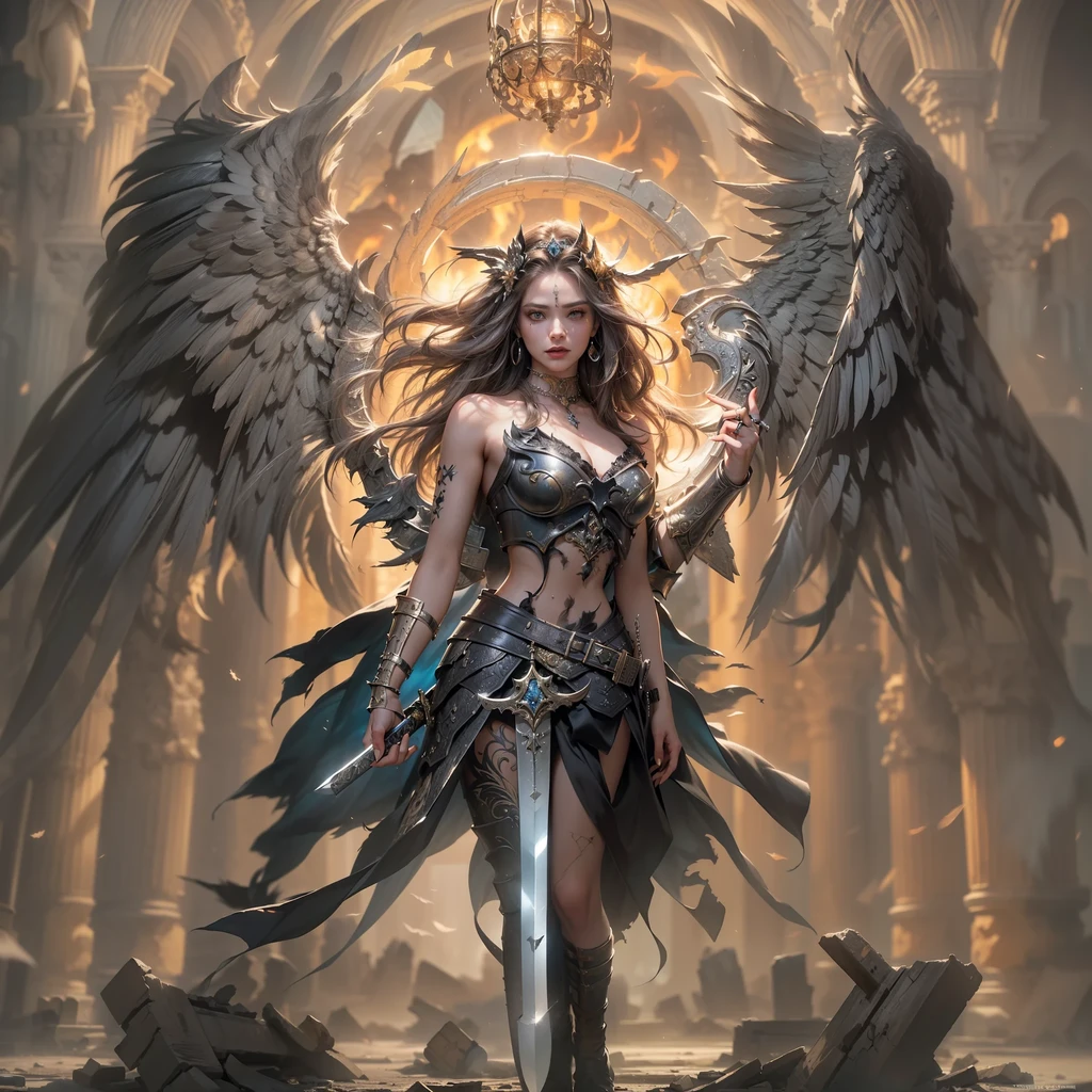 Fine matte painting, skeleton dark angel big wings haunted castle on drawing table full of knives, horror, spookiness, scary, secret horror, tentacles, vines, eyes, uncanny valley effect teeth, limbs, animals, blood moon