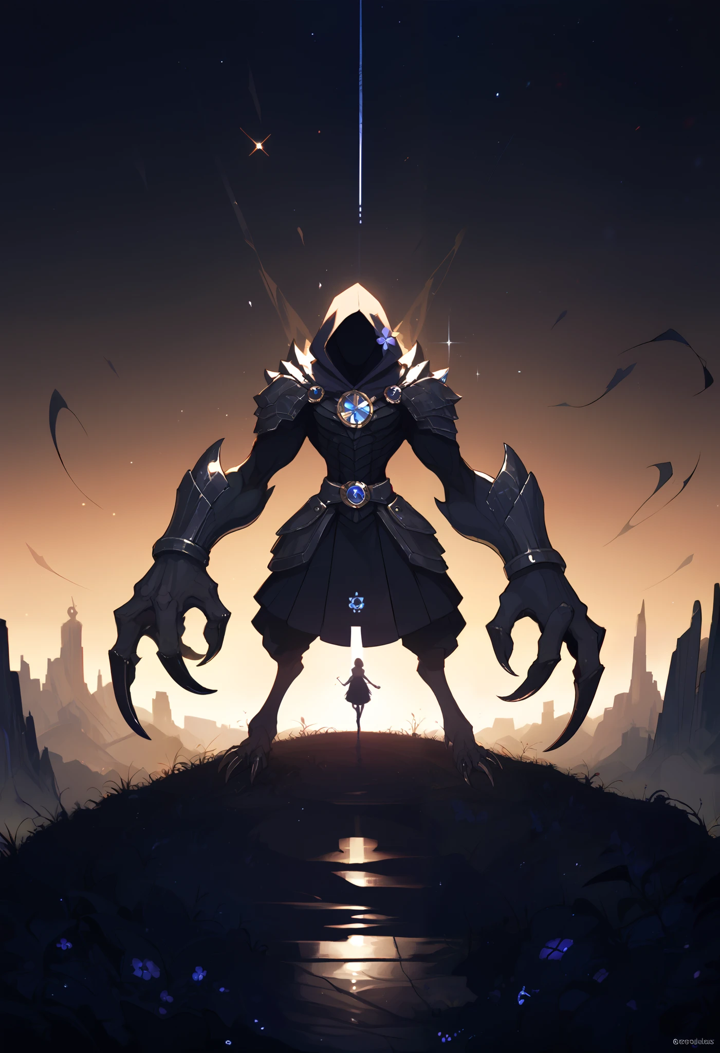 Surreal landscape with moonlight, Featuring a hooded silhouette and faceless features. silhouette, accentuated by a large hood and long claws, is enhanced with sparkling glyphs and symbols, The .