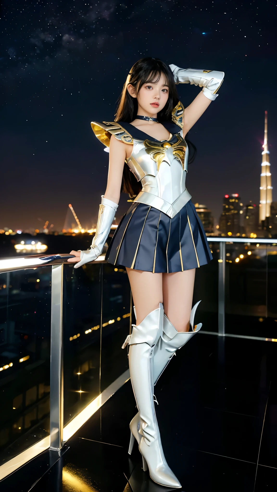 A young girl dressed in a fusion of Sailor Saturn and Saint Seiya armor. She has short black hair and wears a dark blue pleated mini skirt, a matching choker, long white gloves, and knee-high boots. Her Sailor outfit seamlessly merges with Saint Seiya-style armor, including shoulder guards, waist armor, arm guards, and leg armor. The armor is sleek, metallic gold, and intricately designed, complementing the elegance of her Sailor uniform. She stands in a heroic pose, exuding both grace and strength, city background, tall buildings, trees, blurry.