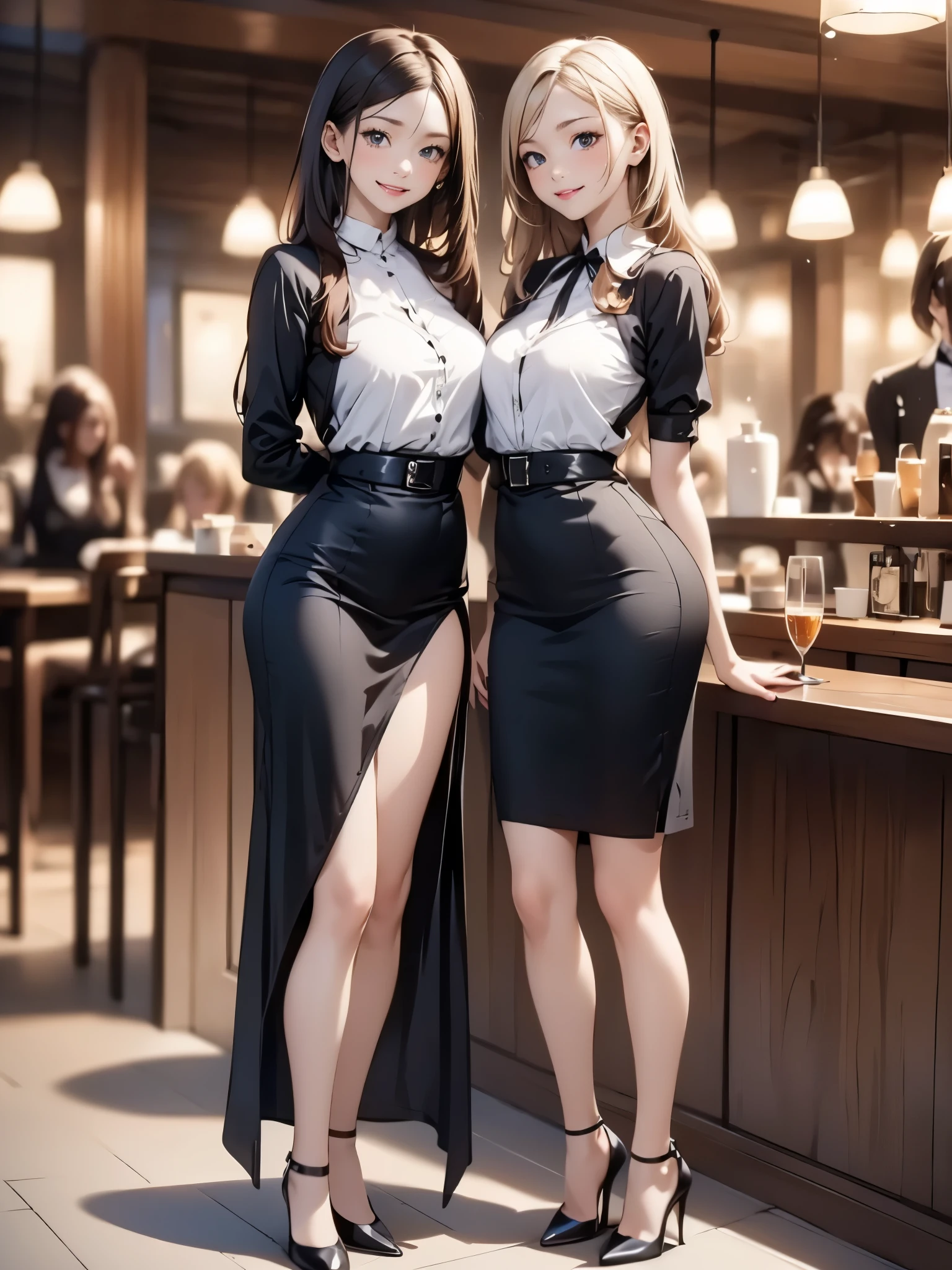 (masterpiece:1.3),(best quality, highest quality),((Full Body Shot,Including face)),1girl,Standing position,4K,masterpiece,((Focus on the face)),((Symmetrical facial features)),Beautiful woman,slender,Beautiful feet,((High heels,Patterned stockings with straps)),Detailed depiction of the face,bar counter,Cafe clerk uniform,Realistic,profile,corset,Panty shot