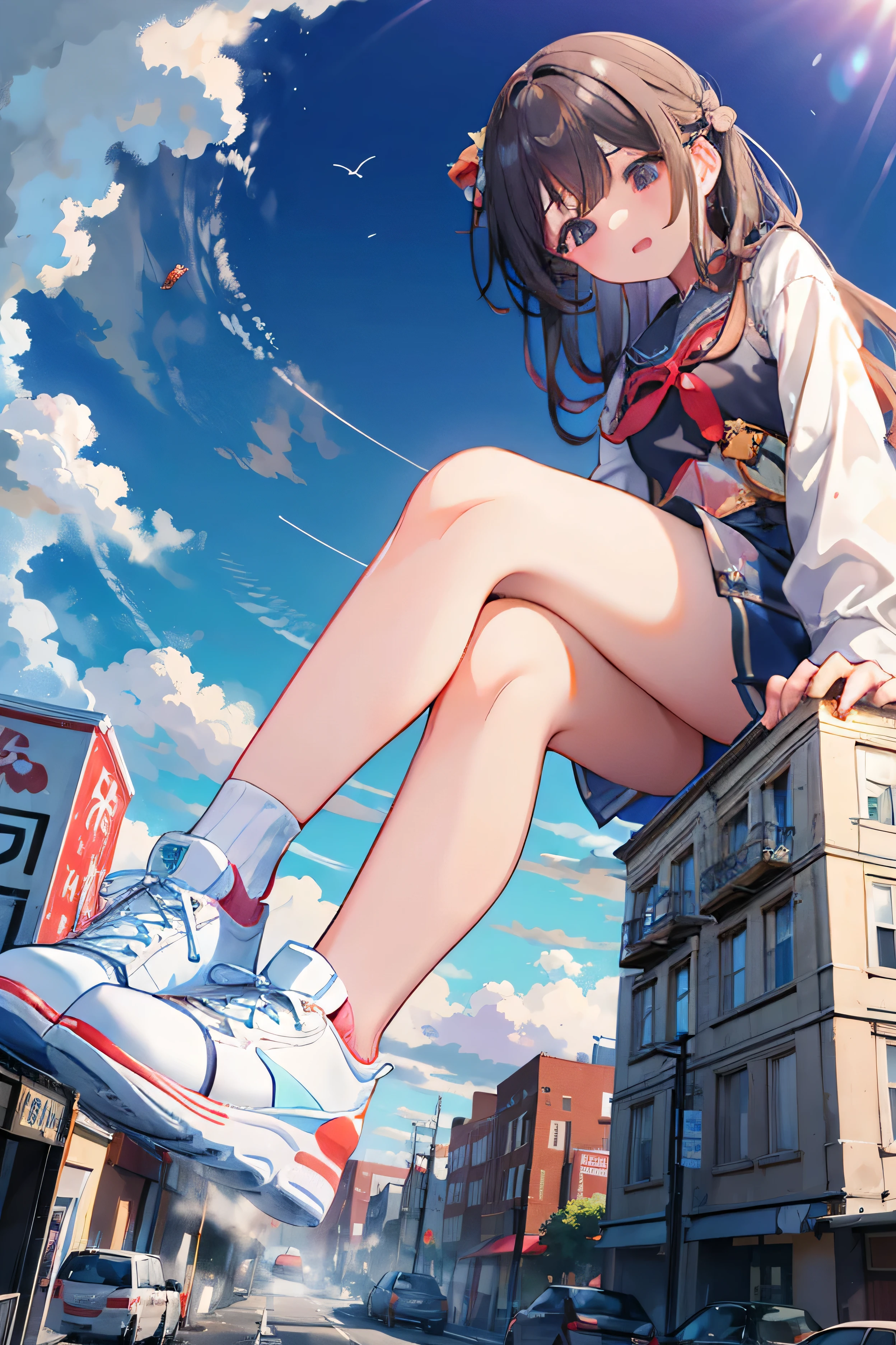 Anime girl sitting on a ledge in the middle of a city - SeaArt AI