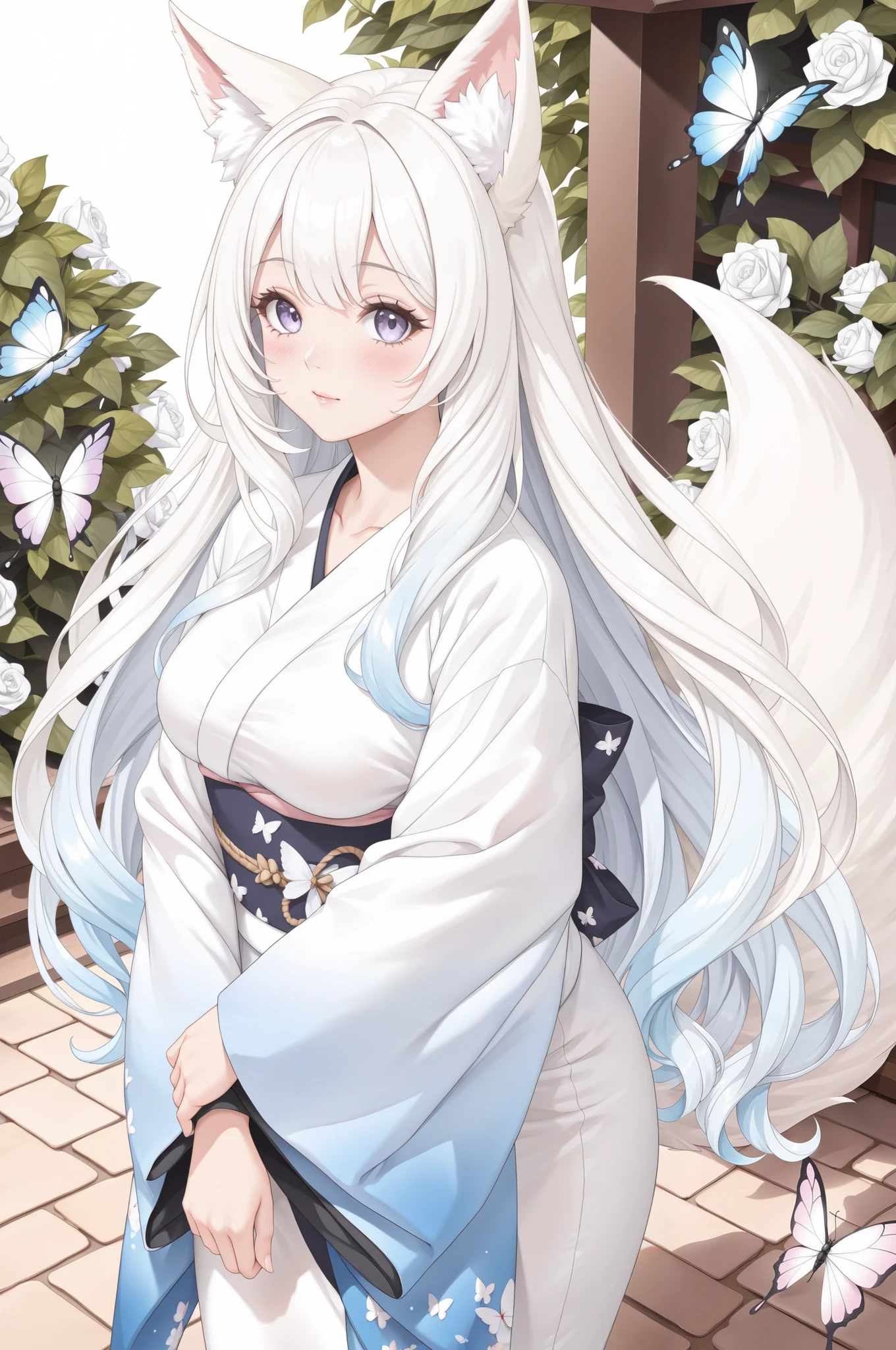 (((best quality))), (((masterpiece))), (Ultra-detailed:1.3), (Highres), official art, sunlight,1girl, adult woman kitsune, (an extremely detailed and beautiful face:0.3), (beautiful light blue eyes:0.2), long white eyelashes, (very long voluminous white,blue gradient hair:1.3), fair skin, fox tail, fox ears, (skin dentation:1.2), arms at side, (white lavender floral kimono, blush, shyness, Realistic, surrounded by roses and colorful butterflies, surrounding garden, tree shadow, hair fluttering in the wind, whimsical, fantastical, 8k resolution, studio lighting