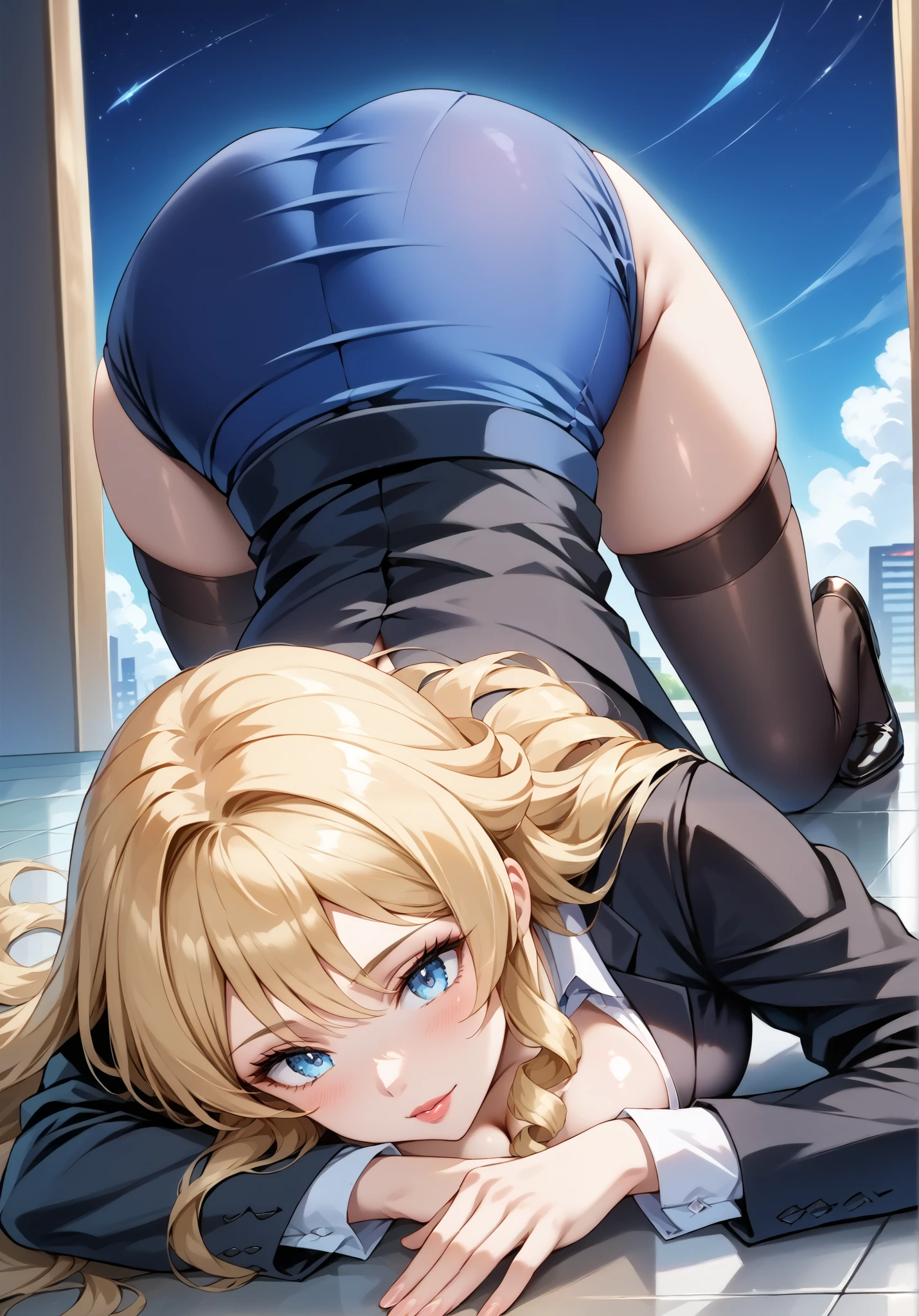 score_9, score_8_up, score_7_up, source_anime, 4K,perfect fingers,(perfect hands, perfect anatomy),prefect lighting, very aesthetic, intricate details,highly detailed background, masterpiece, high quality, best quality,
mature female, Large breasts, naviard, blonde hair, blue eyes, long hair, drill hair, lips, 
wearing ((office lady,black suit jacket,white t-shirt ,cleavage,black pencil Skirt,thighhighs,)),
((top-down bottom-up:1.5)), on floor, (from behind:1.2), ass focus, 