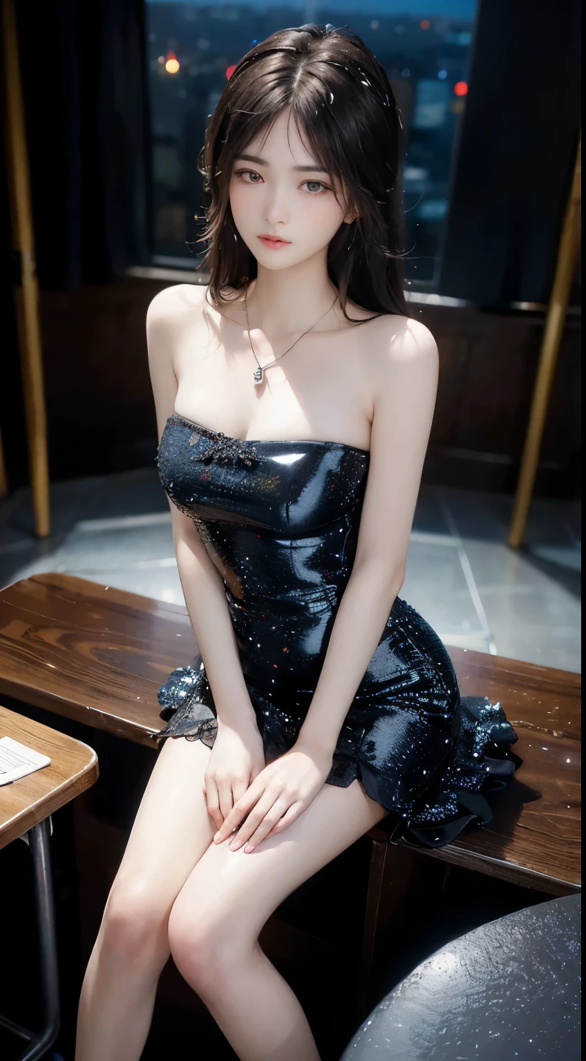 white dress, cleavage, large breasts, fashi-girl,red lips,mature female,makeup, liuyifei,((from below)),((cowboy shot)), a beautiful girl, a young female model,  random pose, elegant pose, visually appealing, masterpiece, (best quality, 4k, 8k, highres, masterpiece:1.2), ultra-detailed, ultra-fine painting, exquisite face, slender figure, smiling, radiant smile, In a bar, stand and lean against the bar counter
