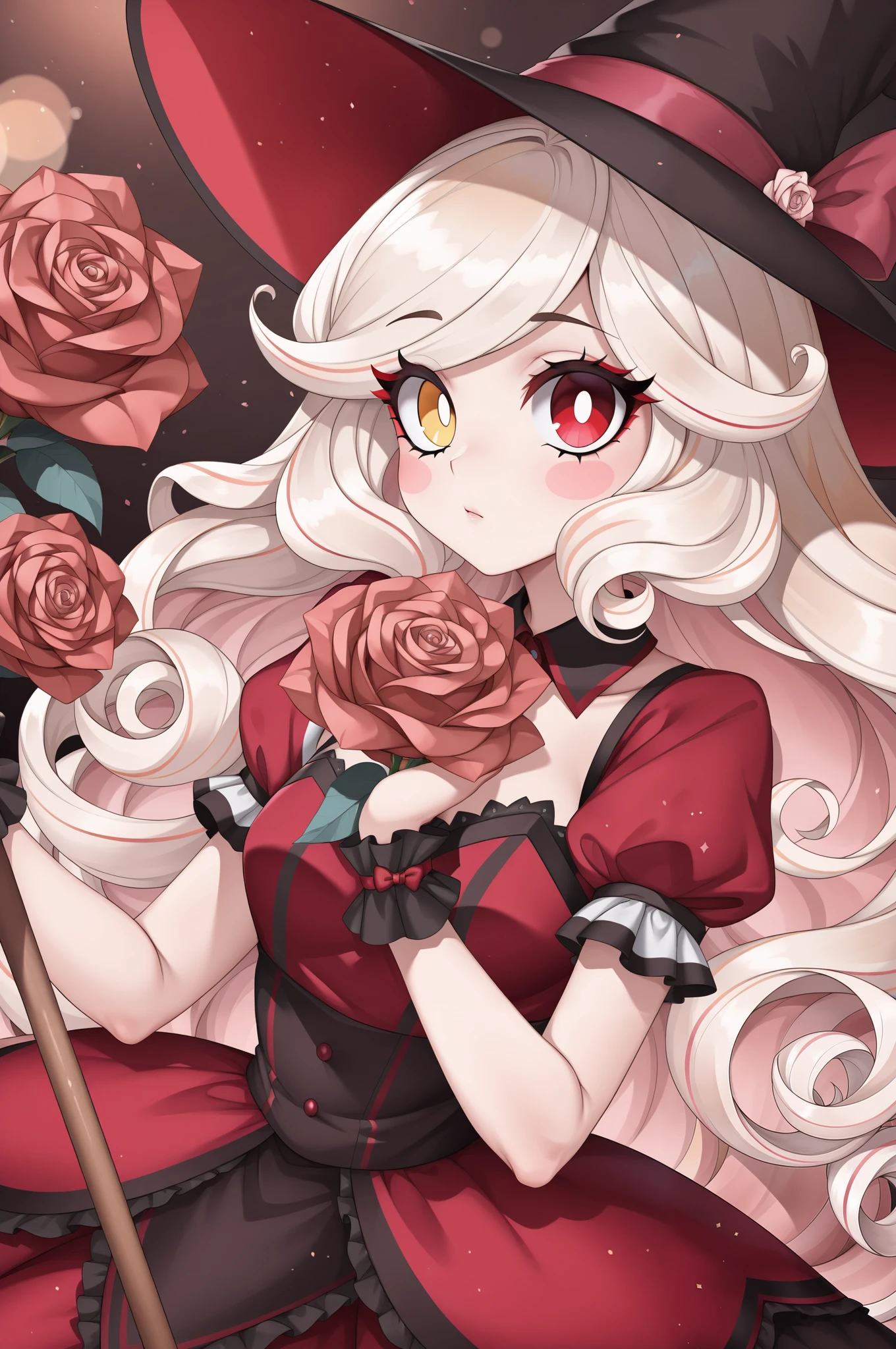 (Charlie Morningstar Hazbin Hotel), a blonde haired woman, long flowing curly hair, yellow sclera,red eyes, blush stickers, roses, soft lighting, 8k resolution